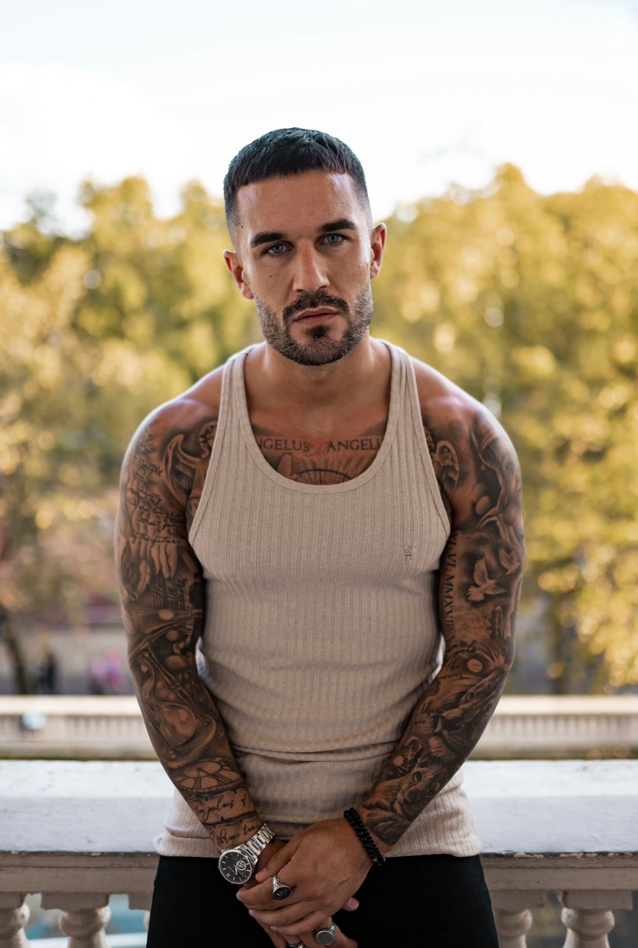 Elevate Your Style with the Father Sons Classic Beige Ribbed Knit Super Slim Fit Vest - FSH414