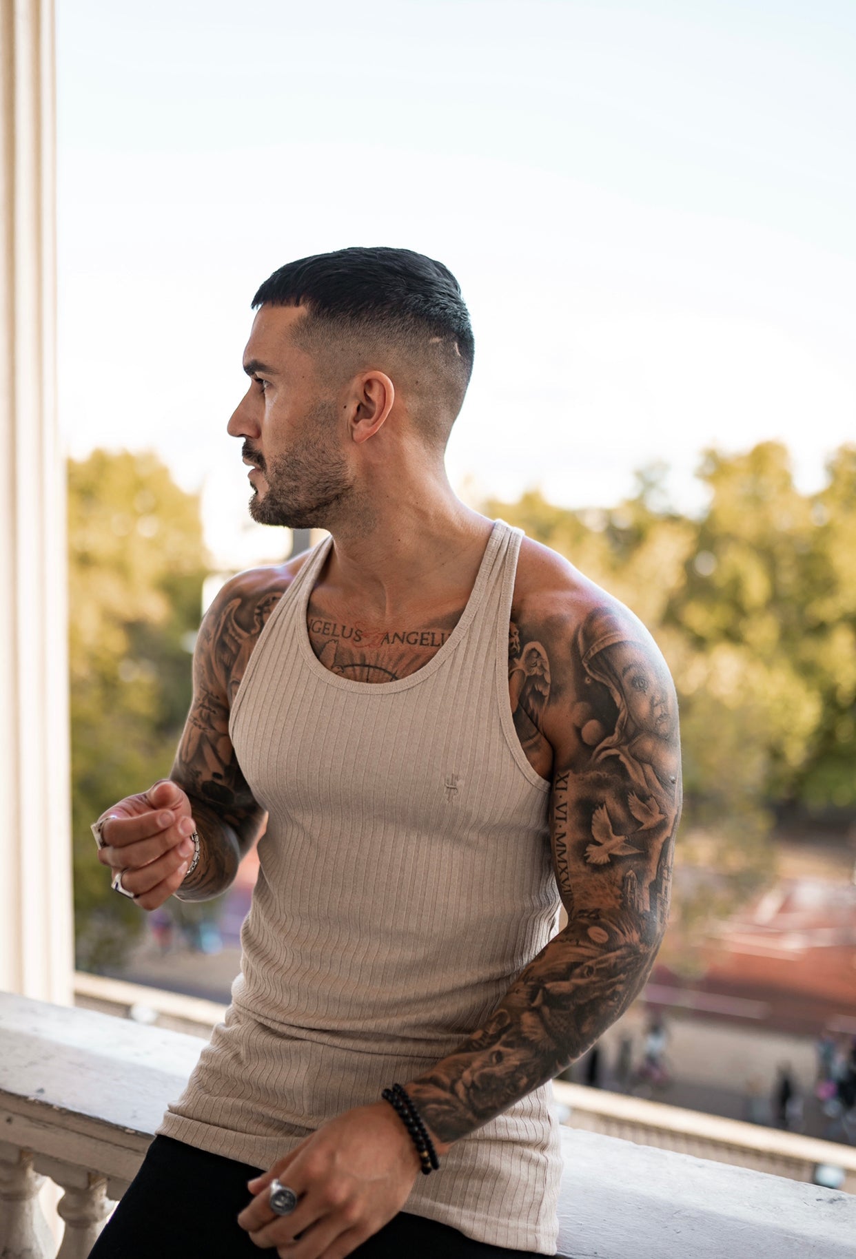 Elevate Your Style with the Father Sons Classic Beige Ribbed Knit Super Slim Fit Vest - FSH414