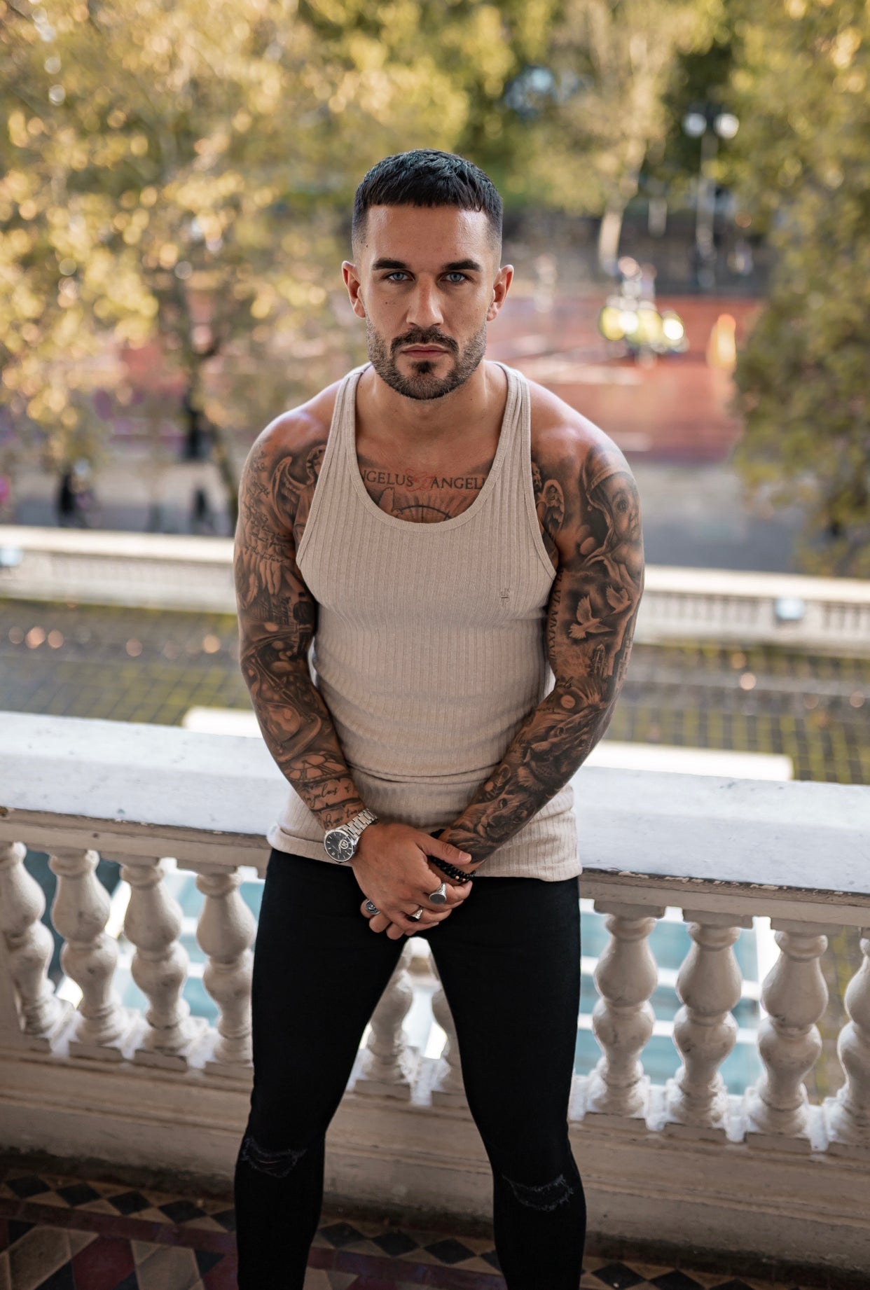 Elevate Your Style with the Father Sons Classic Beige Ribbed Knit Super Slim Fit Vest - FSH414