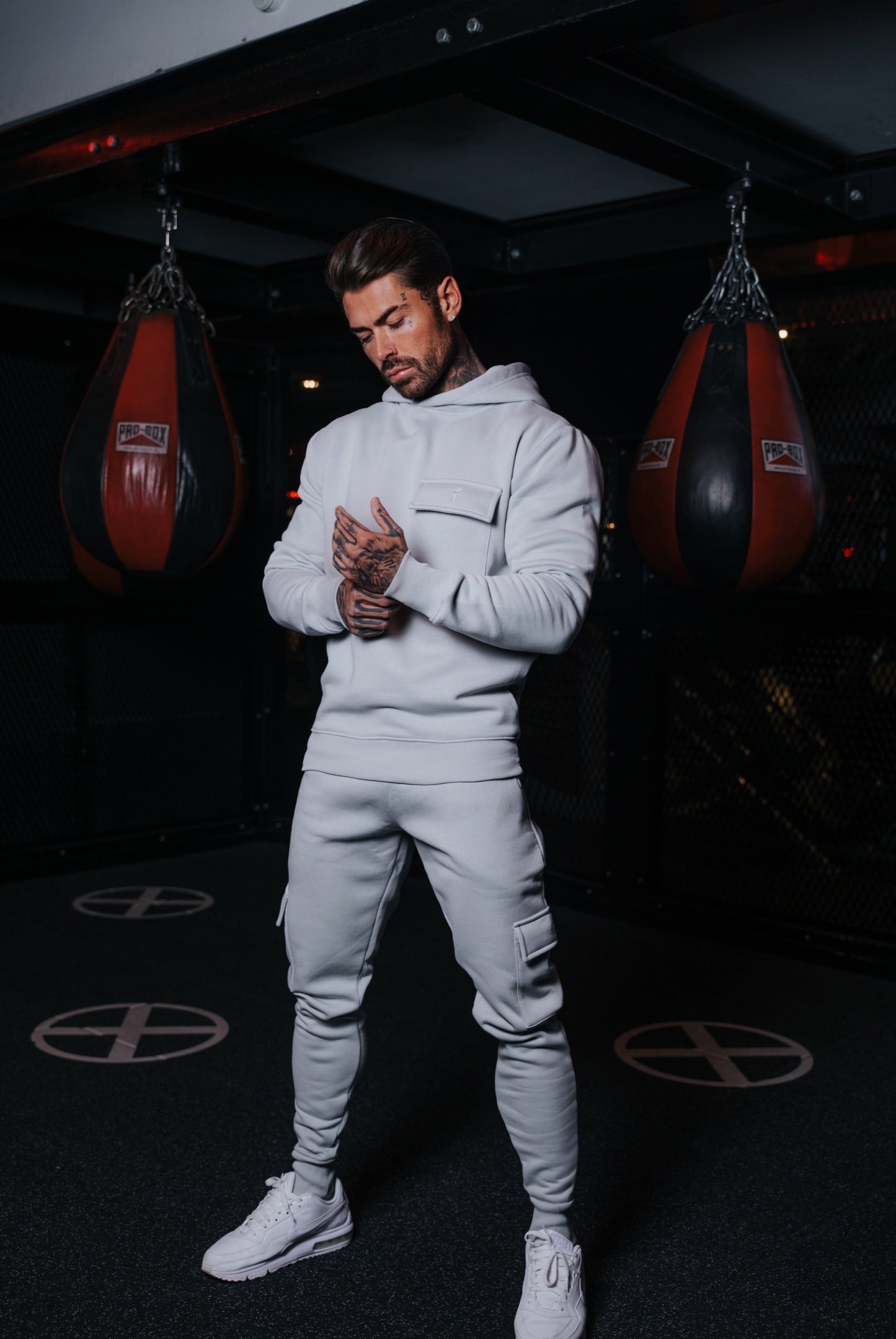 Elevate Your Style: Light Grey Cargo Tracksuit Bottoms with Pockets, Cuffed Hem, and Stylish FS Embroidery - FSH936 by Father Sons
