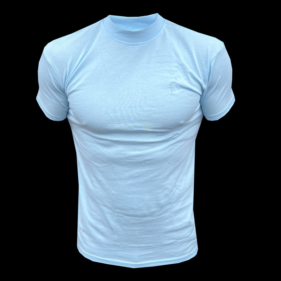 Baby Blue Ribbed High Neck Short Sleeve Top - FSH1136