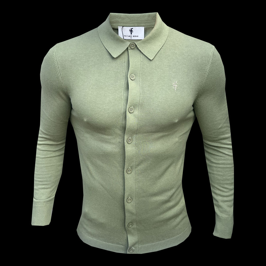 Elevate Your Style with the Father Sons Olive Knitted Long Sleeve Polo - Classic Button-Through Design - FSN170
