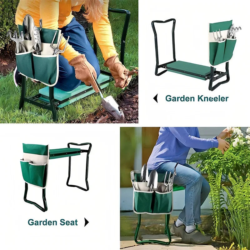 Folding Garden Bench With Tool Pouch