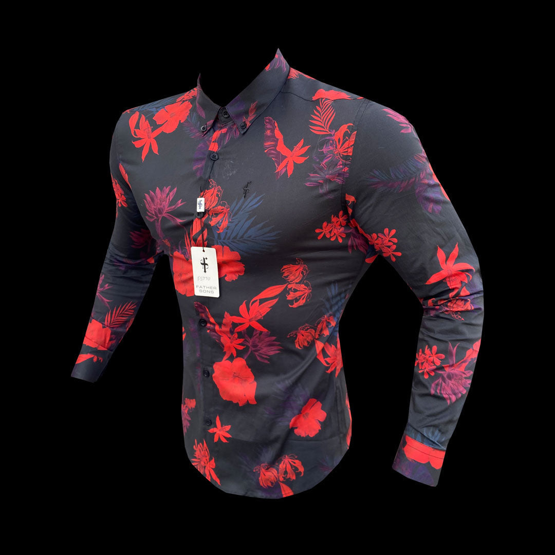 Elevate Your Style with Father Sons Super Slim Stretch Long Sleeve Shirt in Striking Black and Red Floral Print - FS770