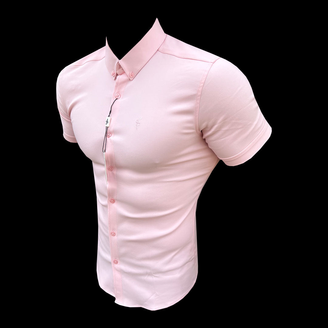 Elevate Your Style with Father Sons Super Slim Fit Pink Scuba Short Sleeve Stretch Shirt - FS881
