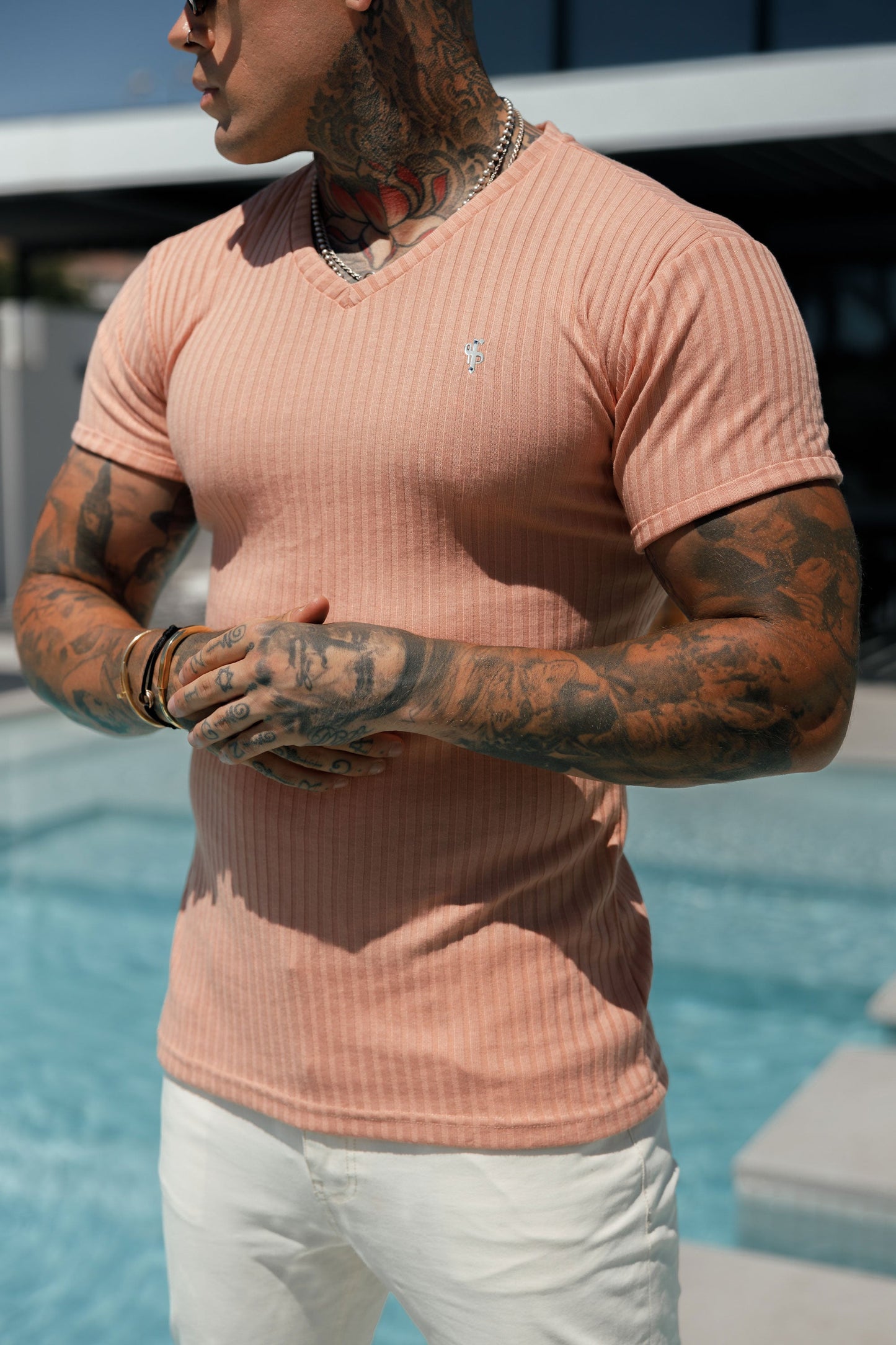 Elevate Your Style with Father Sons Classic Peach & Silver Ribbed V-Neck Crew - FSH1129
