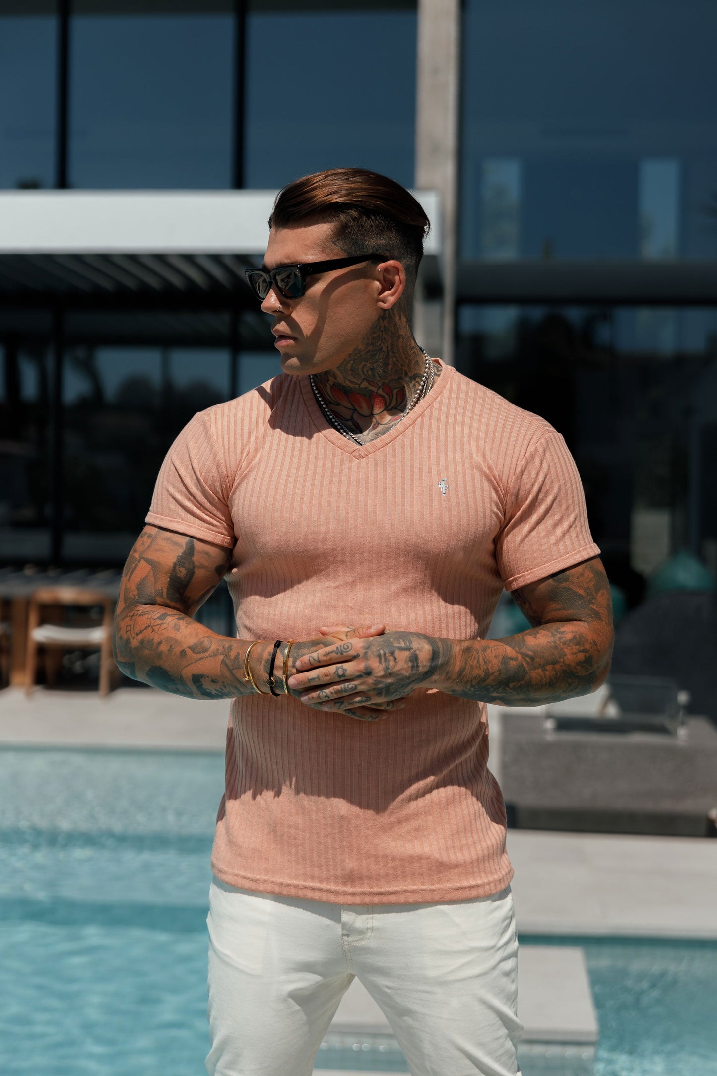 Elevate Your Style with Father Sons Classic Peach & Silver Ribbed V-Neck Crew - FSH1129