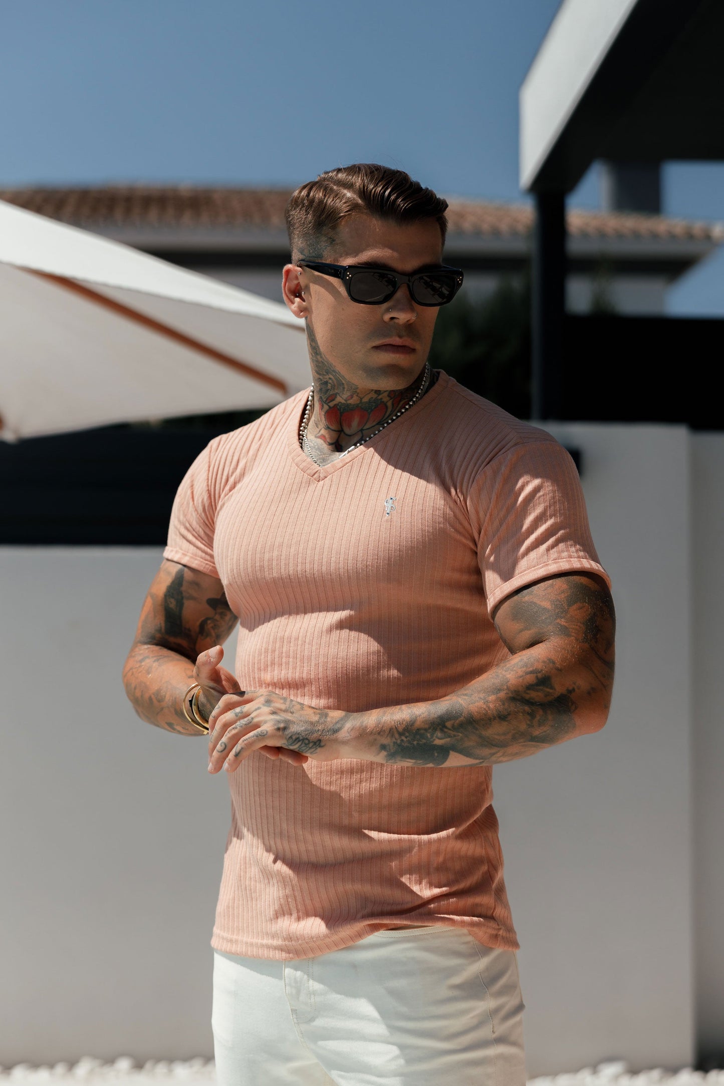 Elevate Your Style with Father Sons Classic Peach & Silver Ribbed V-Neck Crew - FSH1129