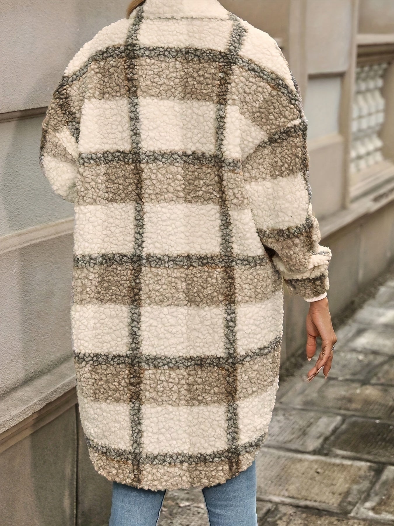Long Sleeve Plaid Fuzzy Lapel Collar Jacket m for Fall & Winter - Machine Washable Polyester Coat for Women