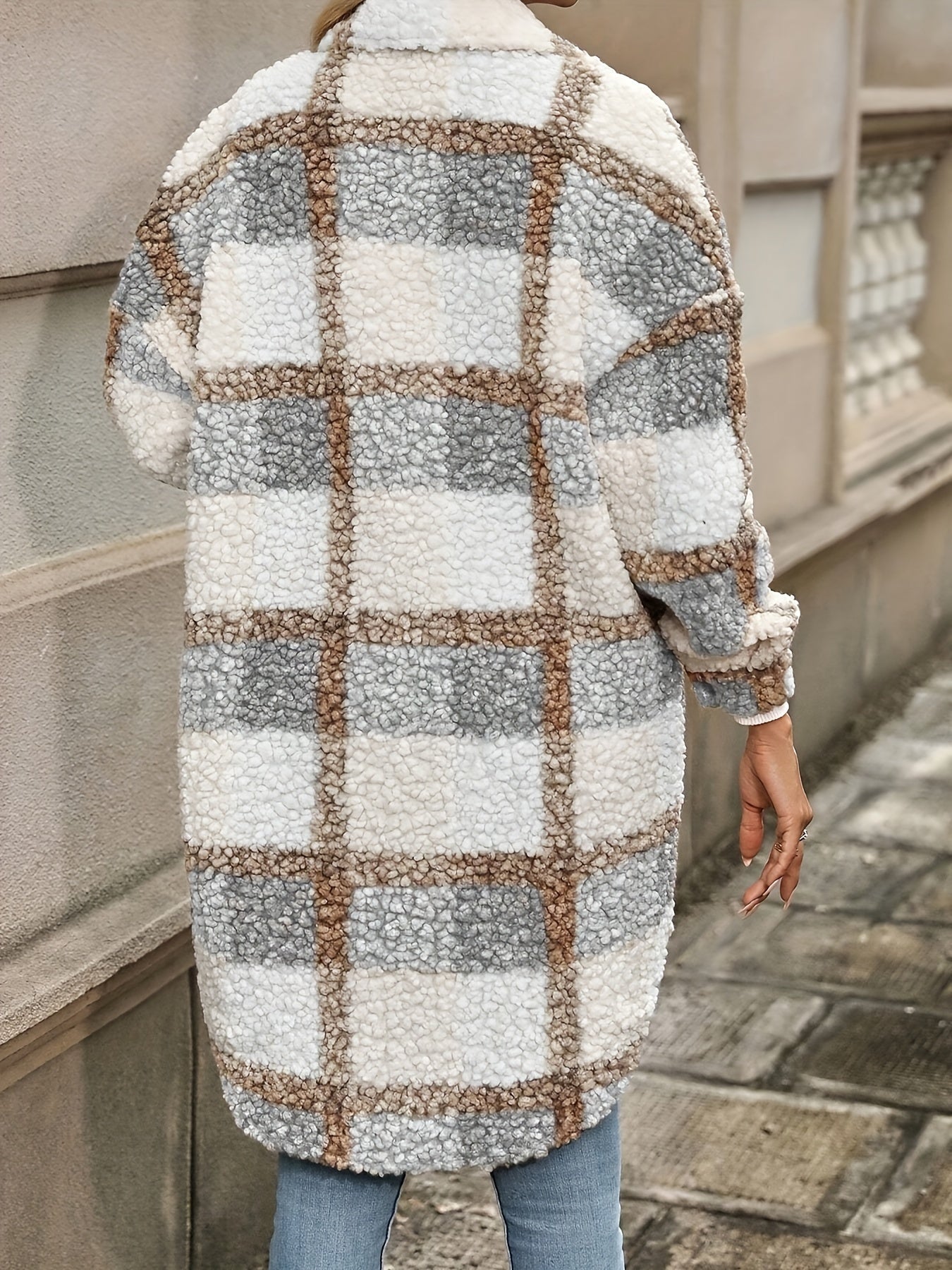 Long Sleeve Plaid Fuzzy Lapel Collar Jacket m for Fall & Winter - Machine Washable Polyester Coat for Women