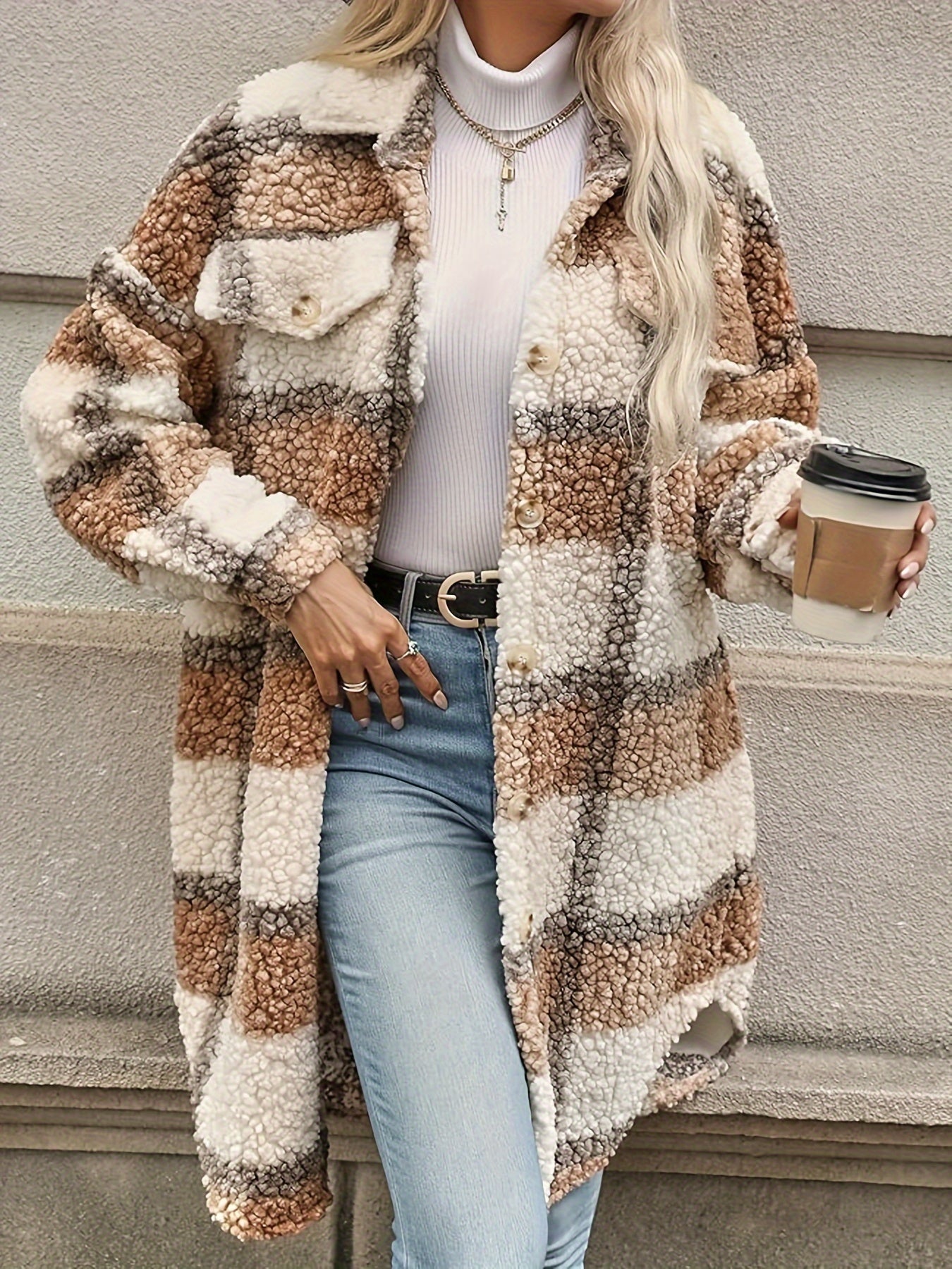 Long Sleeve Plaid Fuzzy Lapel Collar Jacket m for Fall & Winter - Machine Washable Polyester Coat for Women