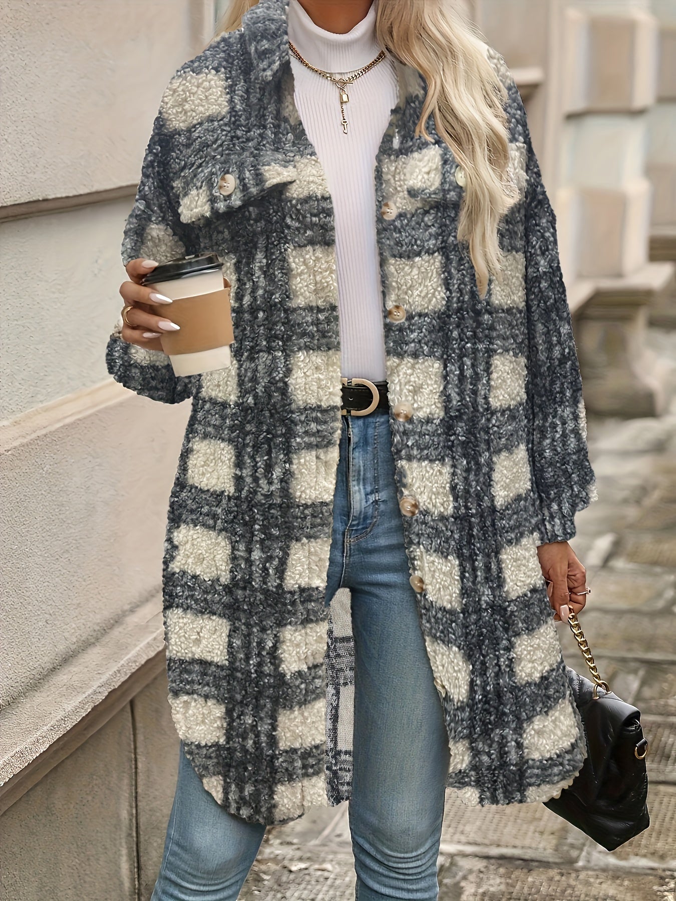 Long Sleeve Plaid Fuzzy Lapel Collar Jacket m for Fall & Winter - Machine Washable Polyester Coat for Women