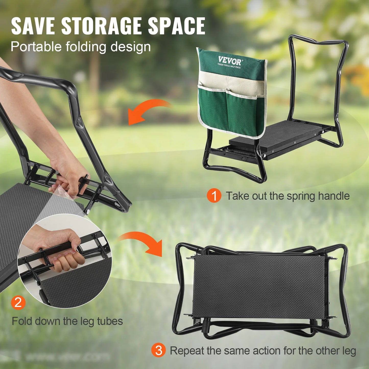 Folding Garden Bench With Tool Pouch