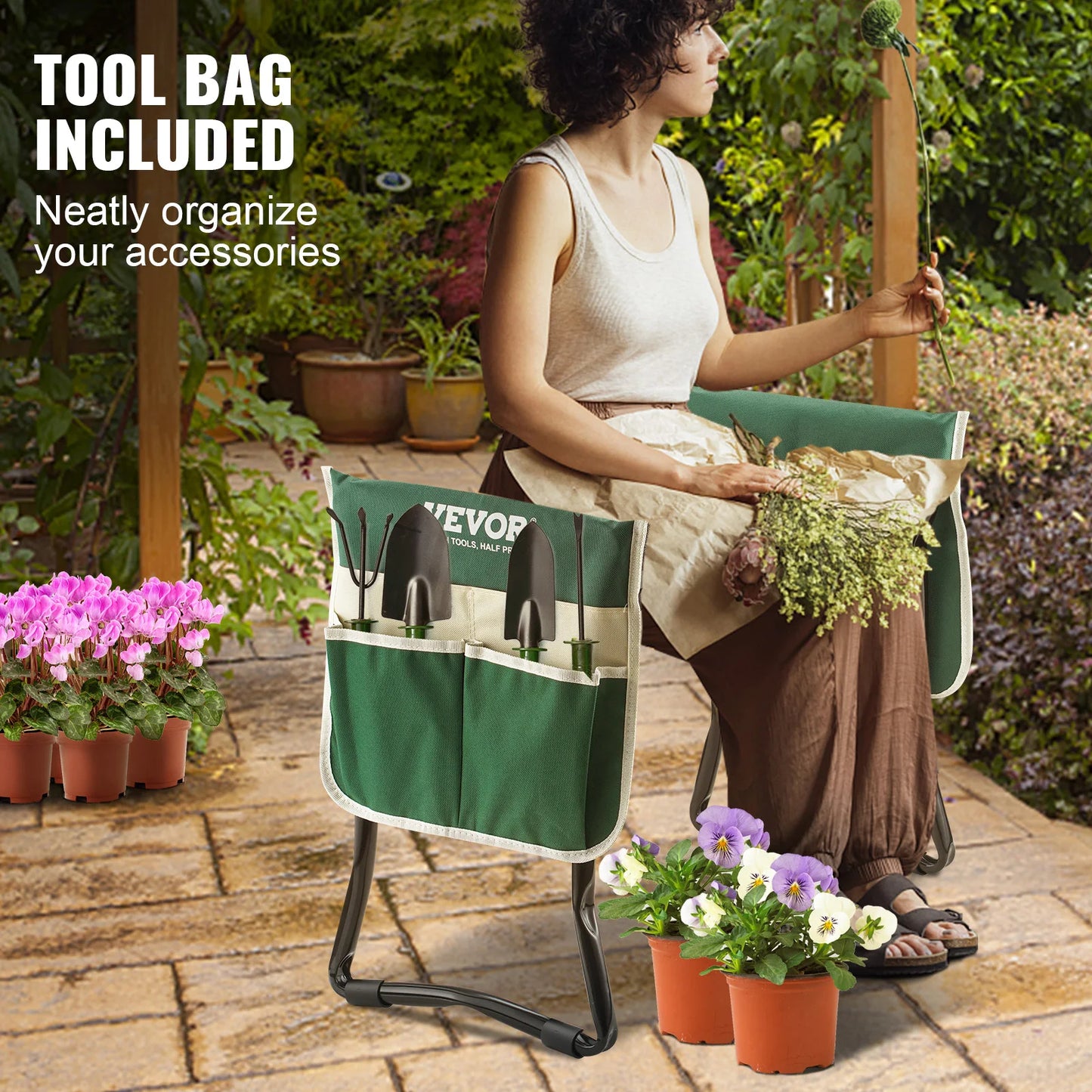 Folding Garden Bench With Tool Pouch