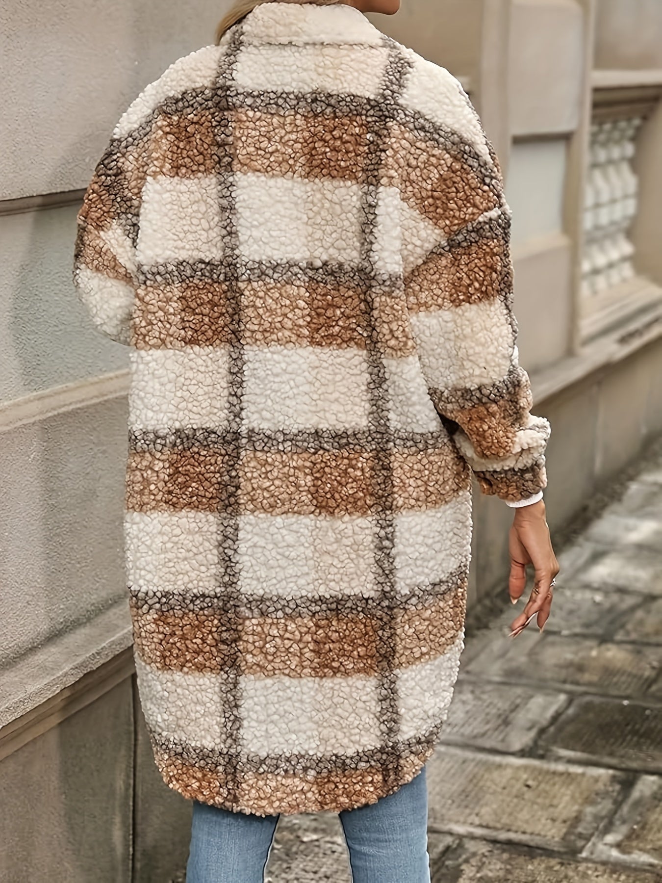 Long Sleeve Plaid Fuzzy Lapel Collar Jacket m for Fall & Winter - Machine Washable Polyester Coat for Women