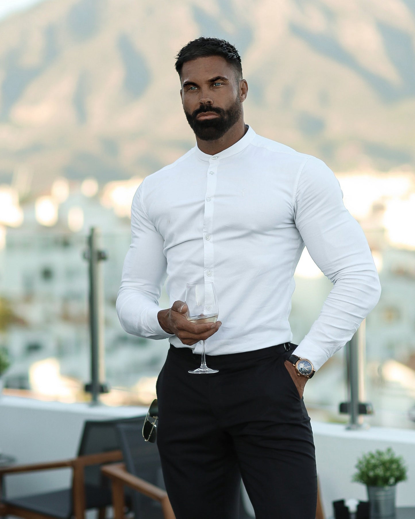 Elevate Your Style with the Father Sons Super Slim Stretch Classic White Grandad Collar Oxford Shirt - FS732