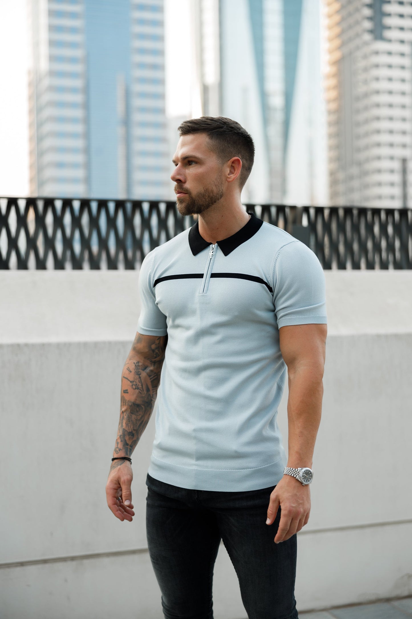 Elevate Your Style with the Father Sons Silver Grey and Black Stripe Zipped Polo - Short Sleeve FSN040