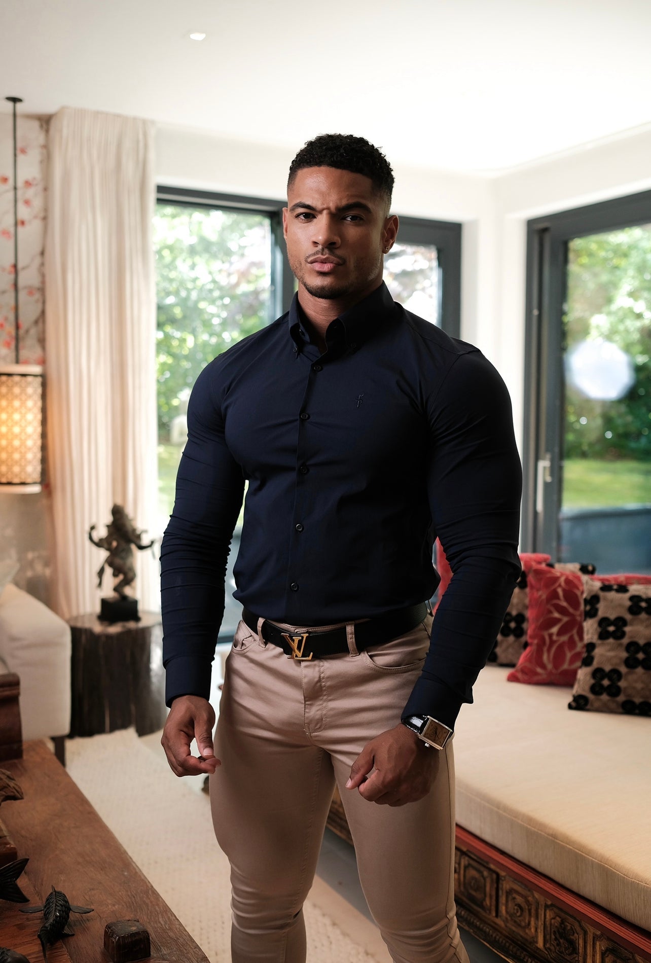 Elevate Your Style with Father Sons Super Slim Navy Scuba Long Sleeve Stretch Shirt - FS831
