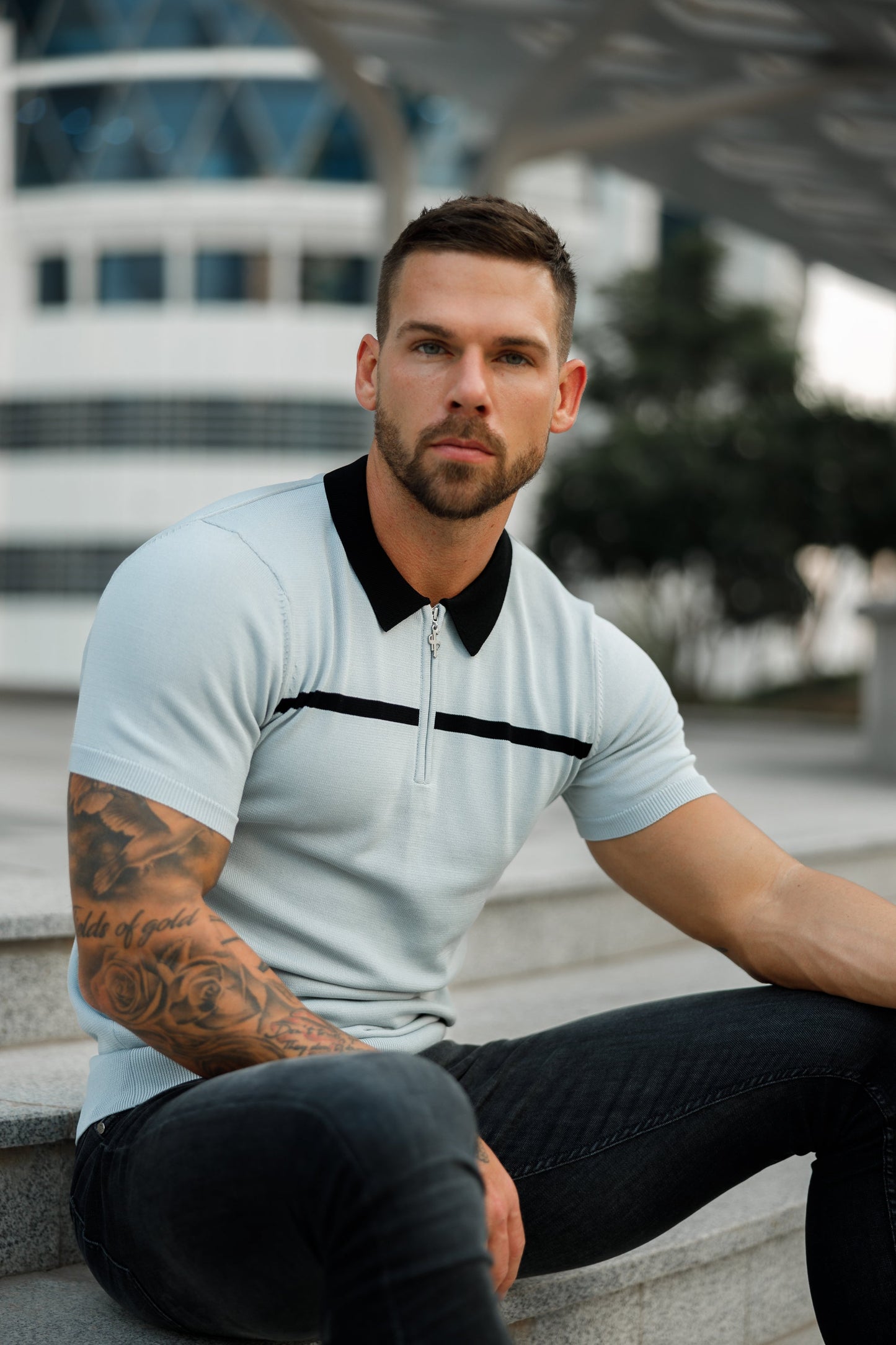 Elevate Your Style with the Father Sons Silver Grey and Black Stripe Zipped Polo - Short Sleeve FSN040