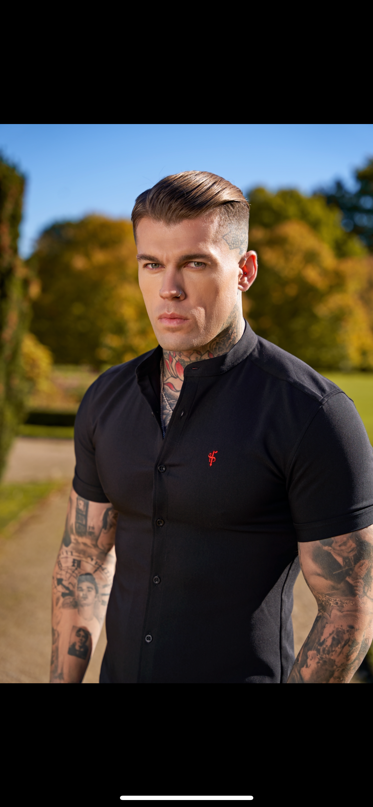 Elevate Your Style with Father Sons Super Slim Fit Black Scuba Short Sleeve Stretch Shirt Featuring a Trendy Grandad Collar - FS930