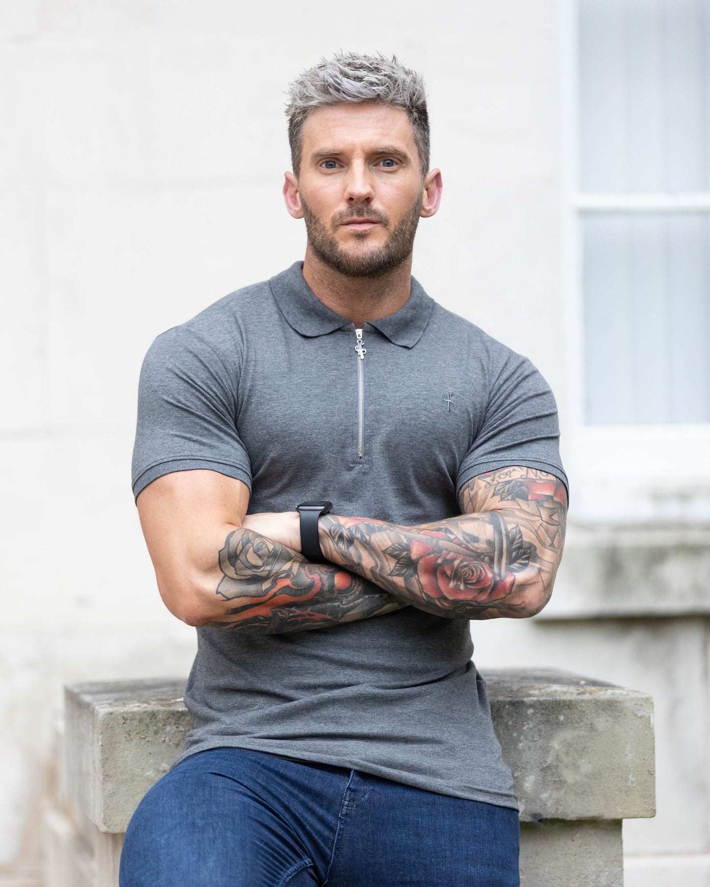 Stylish Dark Grey and Silver Zipped Polo Shirt for Men - Father Sons FSH812