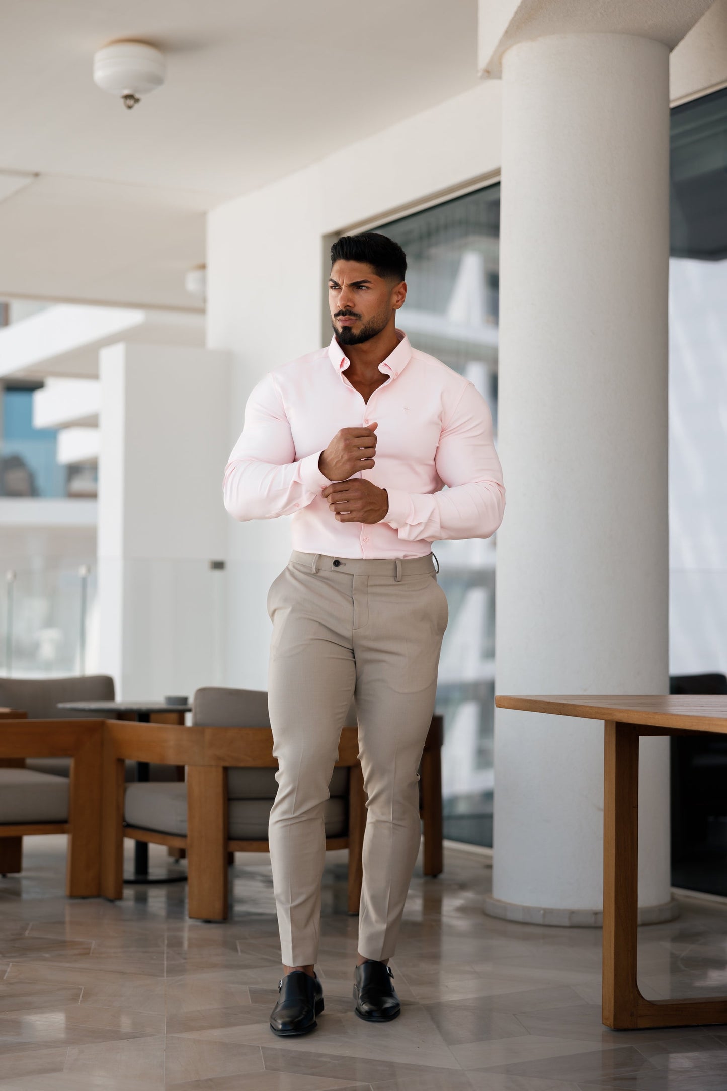 Elevate Your Style: Father Sons Super Slim Pink Scuba Long Sleeve Stretch Shirt - FS880