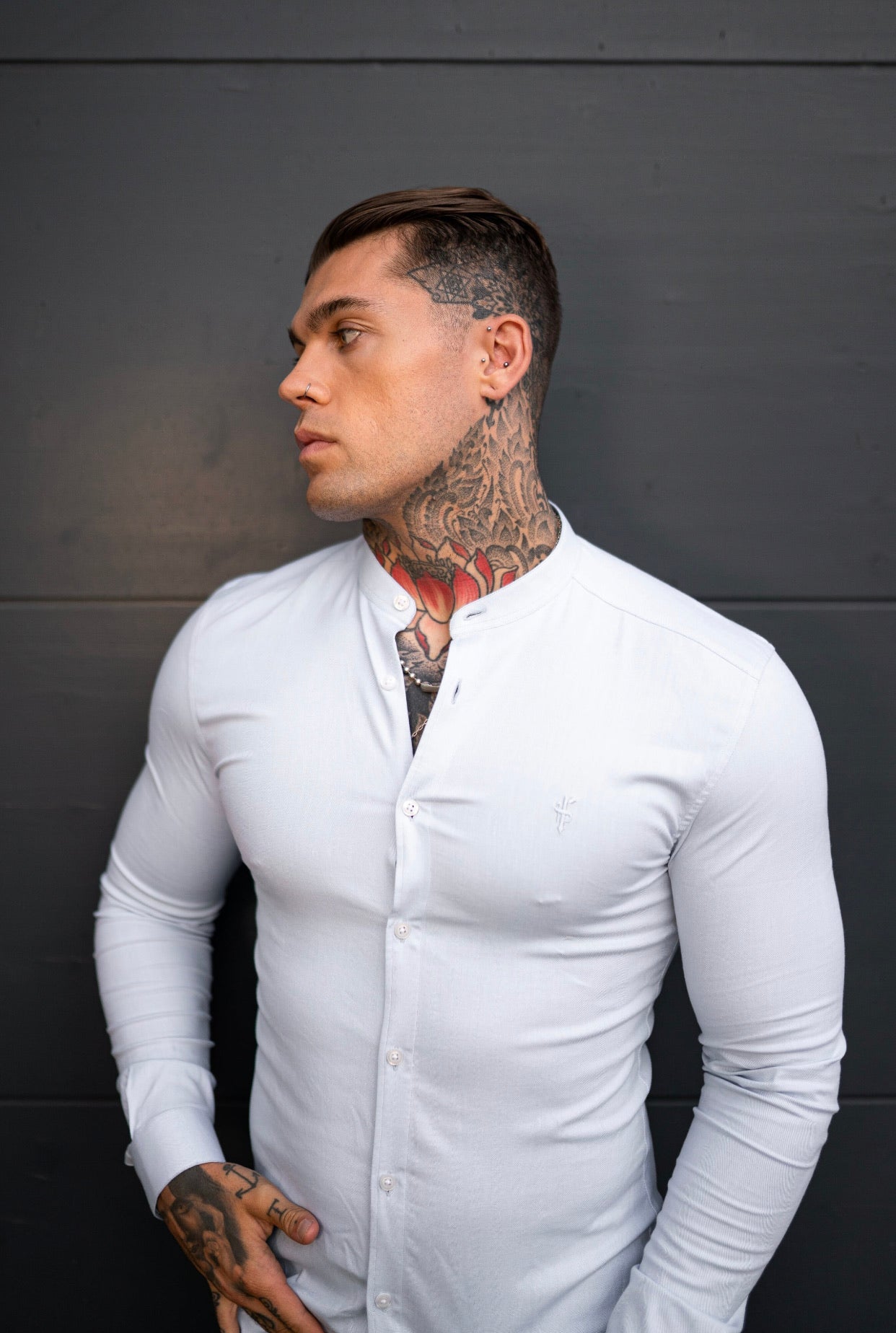 Elevate Your Style with the Father Sons Super Slim Stretch Classic White Grandad Collar Oxford Shirt - FS732