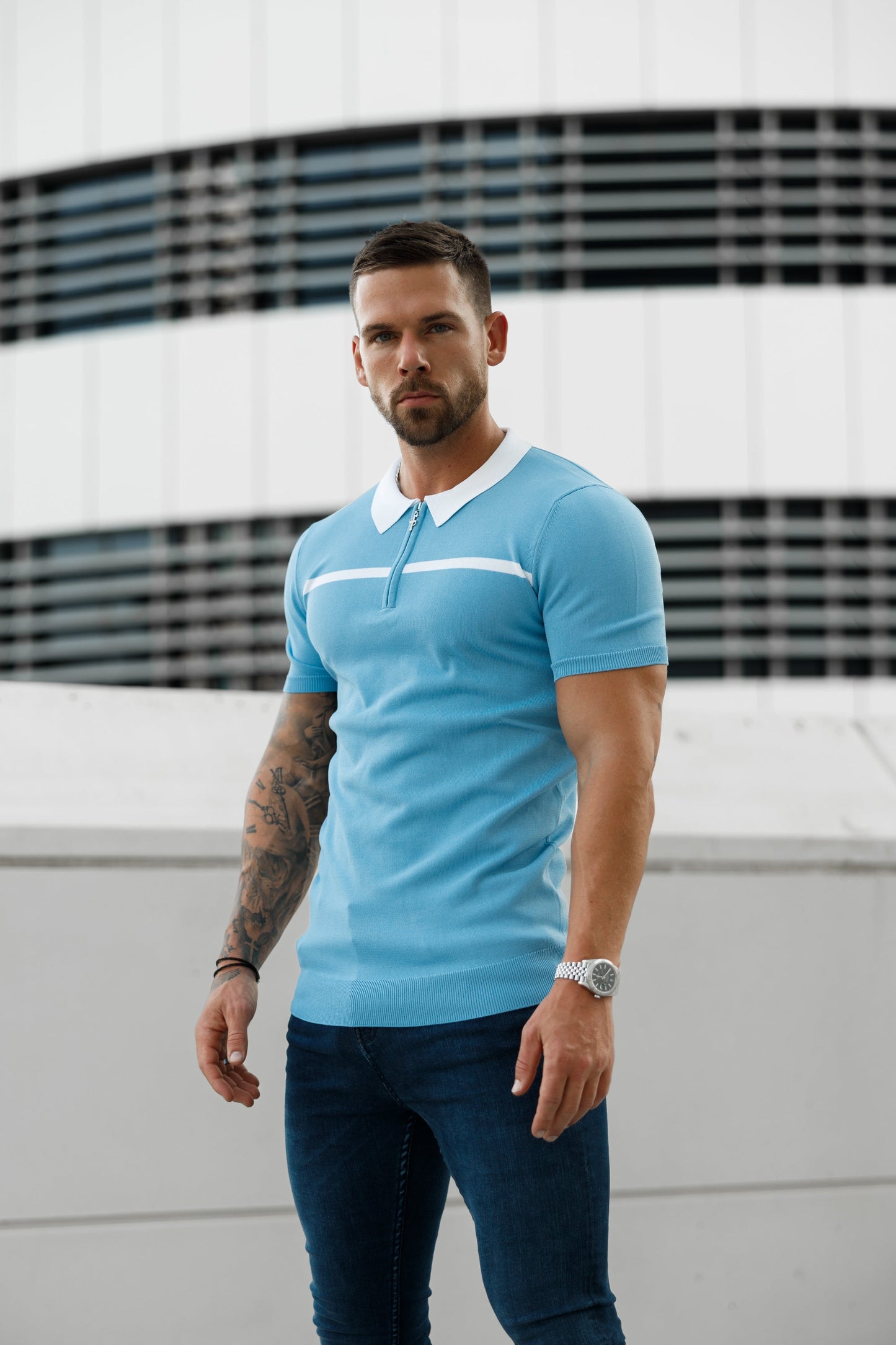 Elevate Your Style with the Father Sons Sky Blue & White Striped Zipped Polo – Short Sleeve Essentials - FSN058