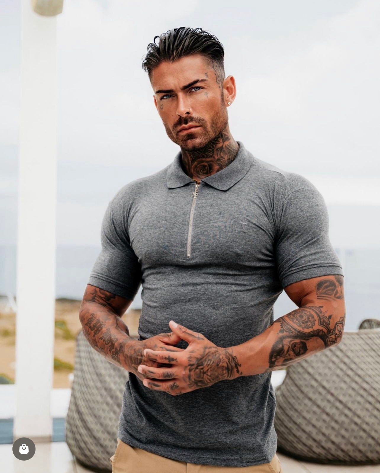 Stylish Dark Grey and Silver Zipped Polo Shirt for Men - Father Sons FSH812