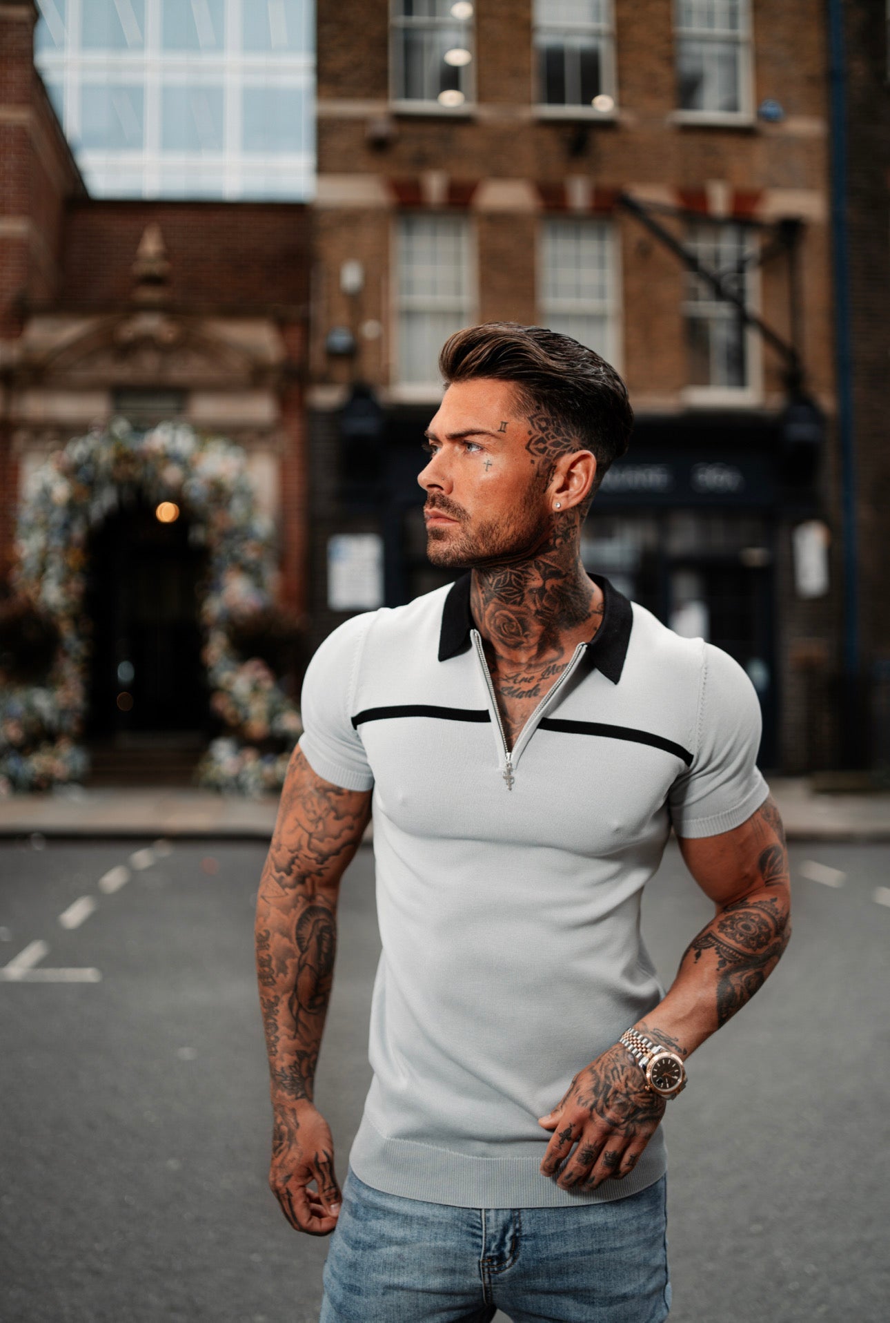 Elevate Your Style with the Father Sons Silver Grey and Black Stripe Zipped Polo - Short Sleeve FSN040