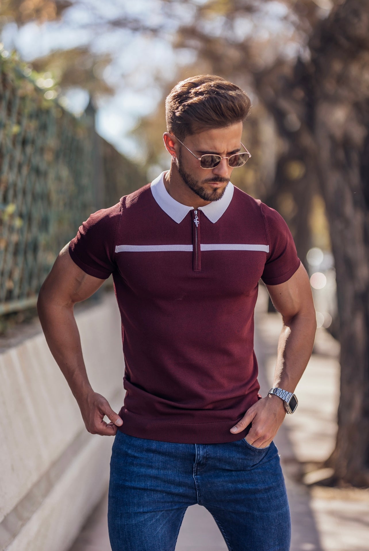 Elevate Your Style with the Father Sons Classic Burgundy and White Striped Zipped Polo - FSN045