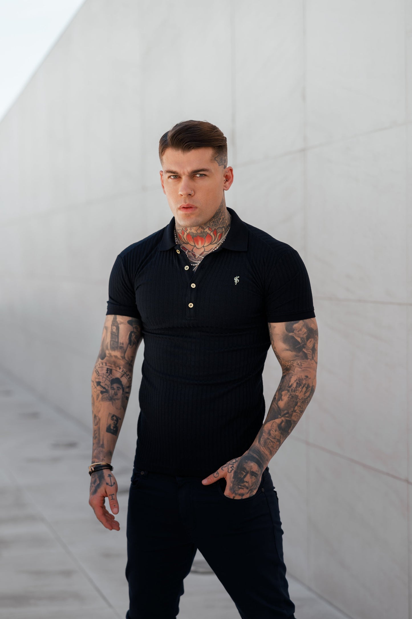 Elevate Your Style with the Father Sons Classic Navy Ribbed Polo Shirt Featuring Luxurious Gold Emblem and Button Accents - FSH694