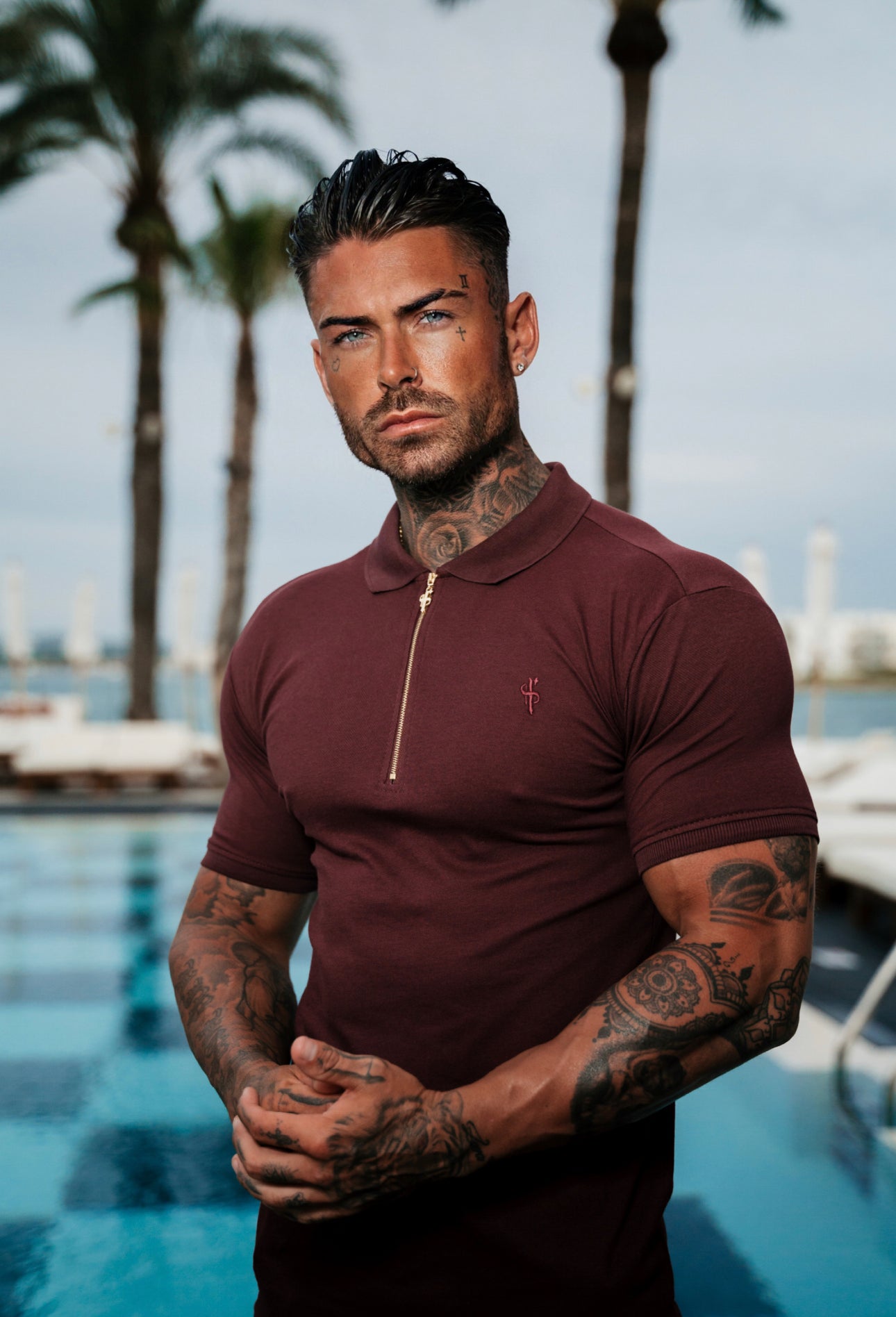 Elevate Your Wardrobe with the Luxurious Burgundy and Gold Zipped Polo Shirt by Father Sons - FSH814