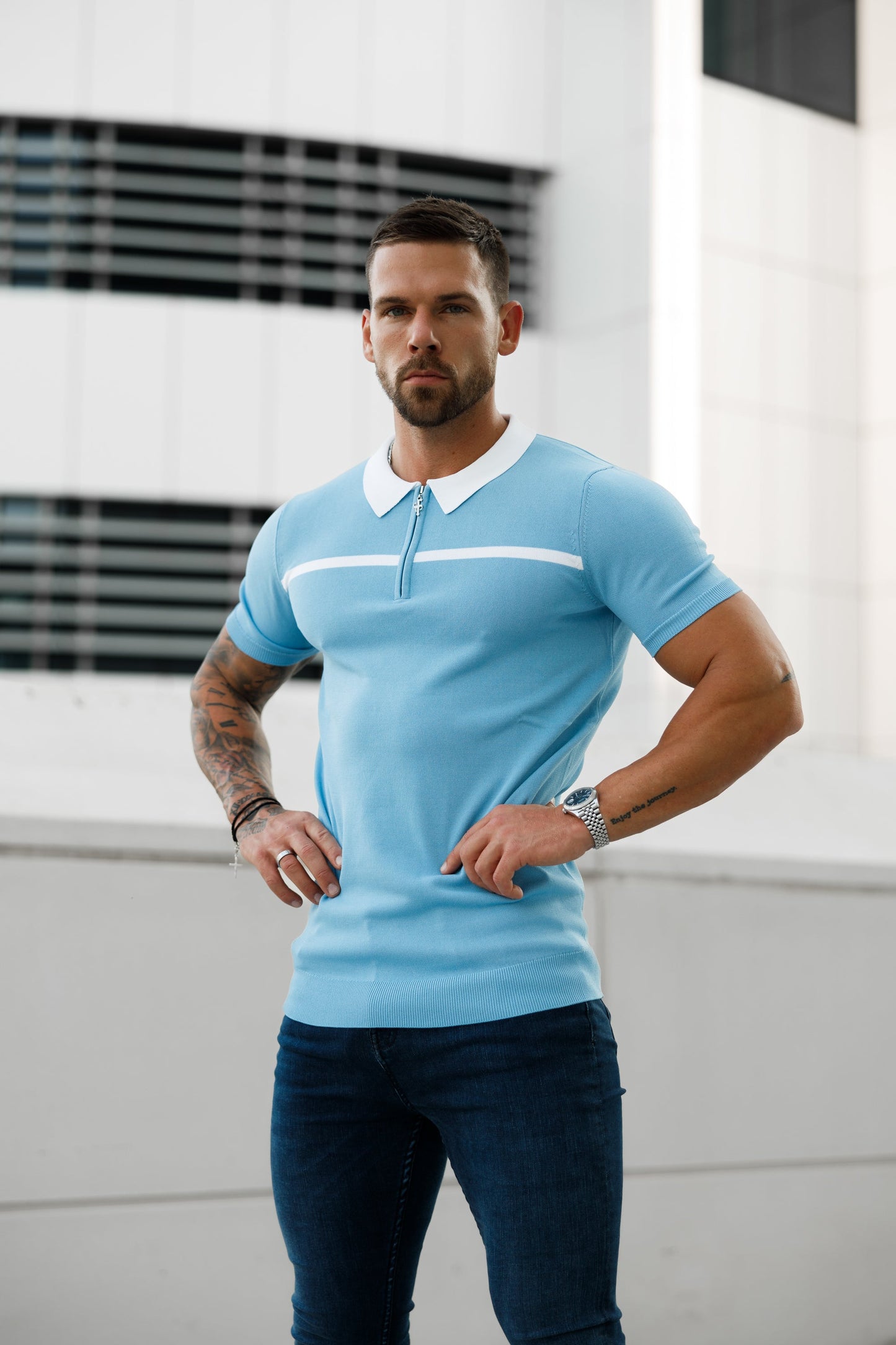 Elevate Your Style with the Father Sons Sky Blue & White Striped Zipped Polo – Short Sleeve Essentials - FSN058