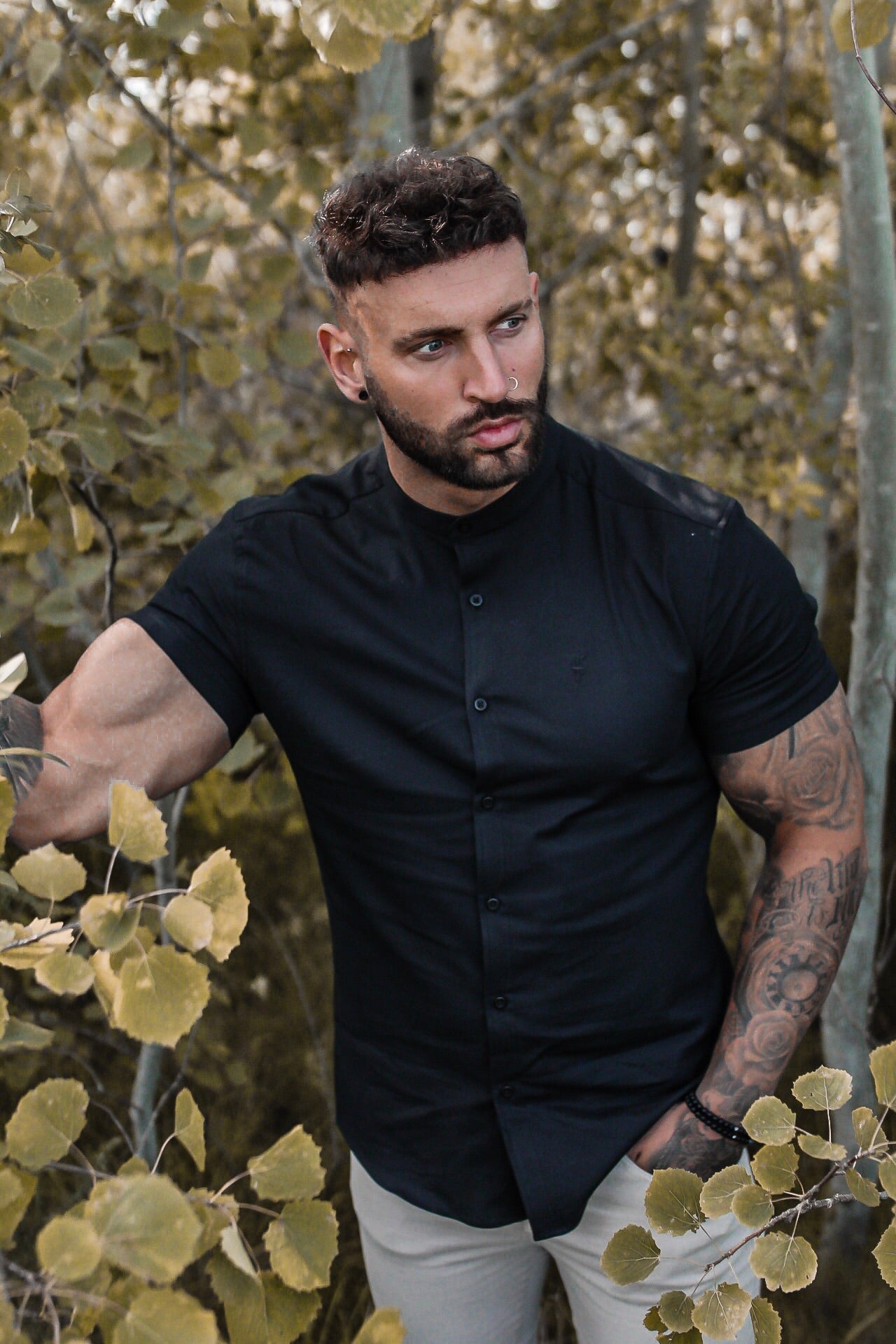 Elevate Your Style with the Father Sons Super Slim Stretch Oxford Shirt - All Black Grandad Collar, Short Sleeve - FS582