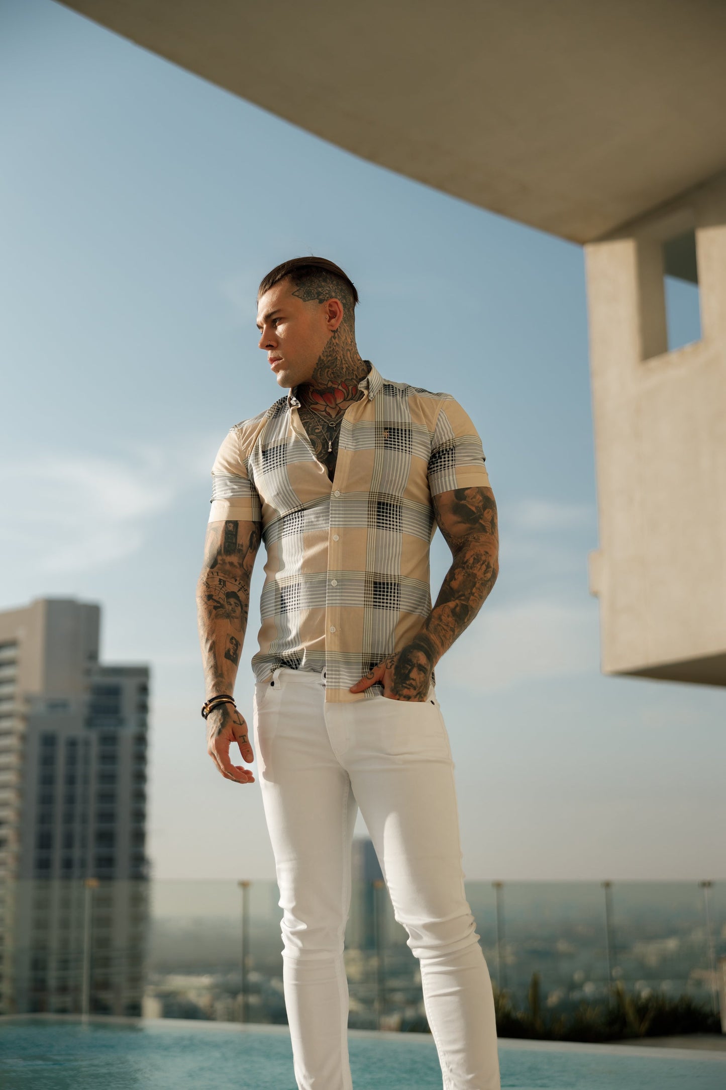 Father Sons Stylish Super Slim Fit Stretch Peach & Grey Check Short Sleeve Shirt with Button Down Collar - FS900