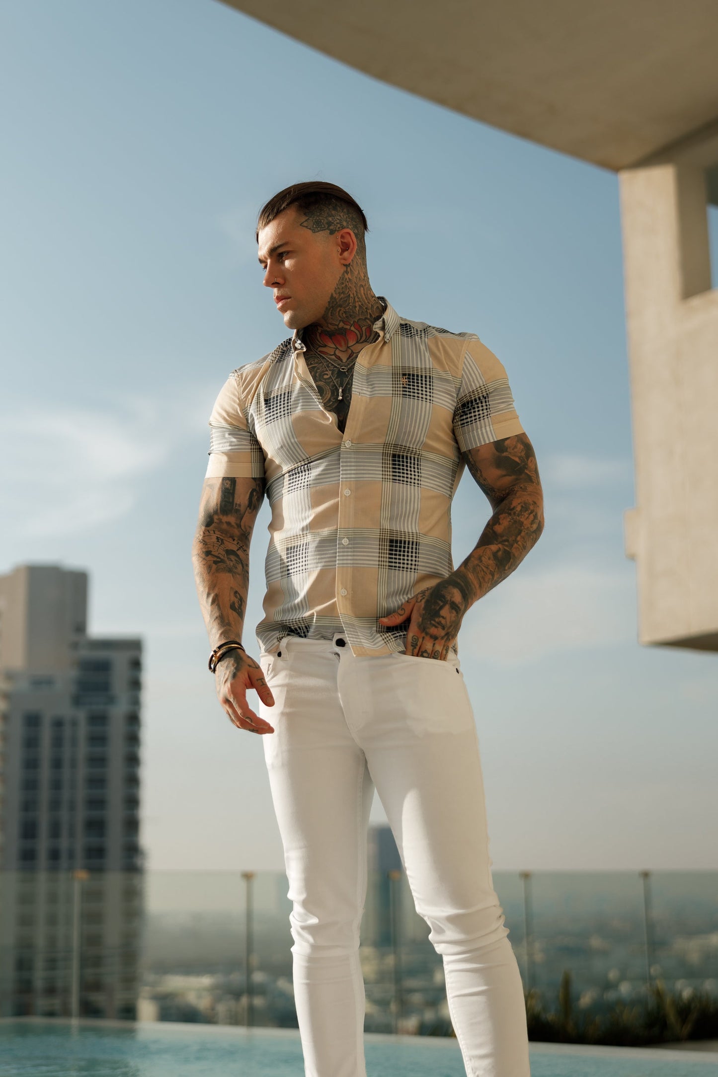 Father Sons Stylish Super Slim Fit Stretch Peach & Grey Check Short Sleeve Shirt with Button Down Collar - FS900