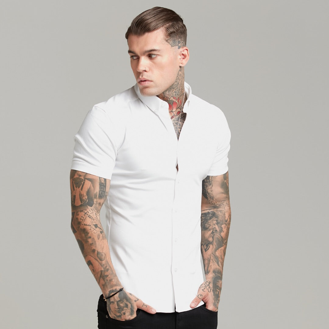 Elevate Your Style with Father Sons Super Slim Fit Stretch White Denim Short Sleeve Shirt - FS598