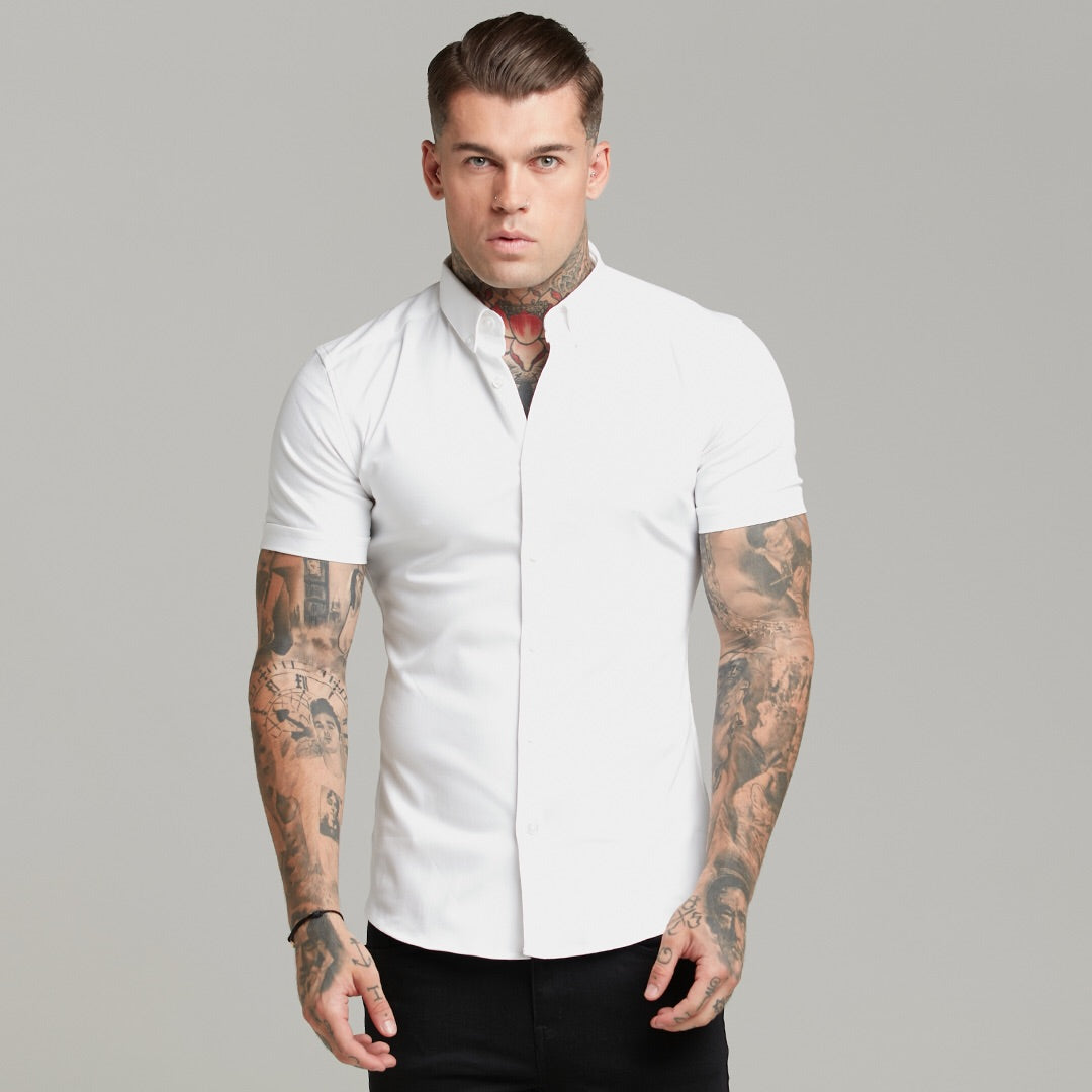 Elevate Your Style with Father Sons Super Slim Fit Stretch White Denim Short Sleeve Shirt - FS598