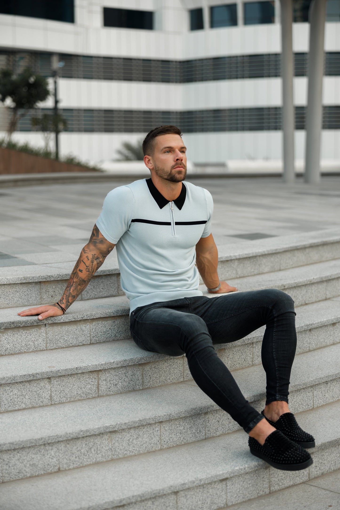 Elevate Your Style with the Father Sons Silver Grey and Black Stripe Zipped Polo - Short Sleeve FSN040