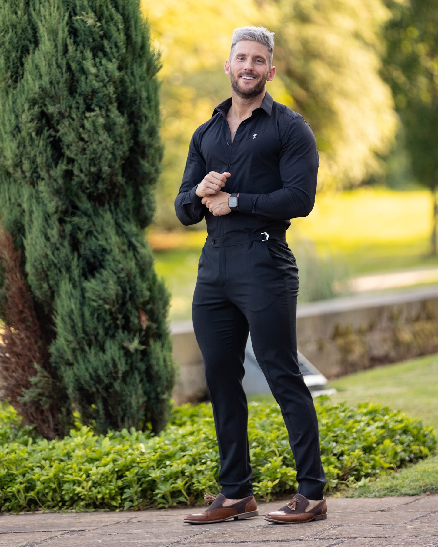 Elevate Your Style: Father Sons Slim Fit Black Stretch Trousers with Chic Silver Waist Adjusters - Pre-Order Now for September 19th!
