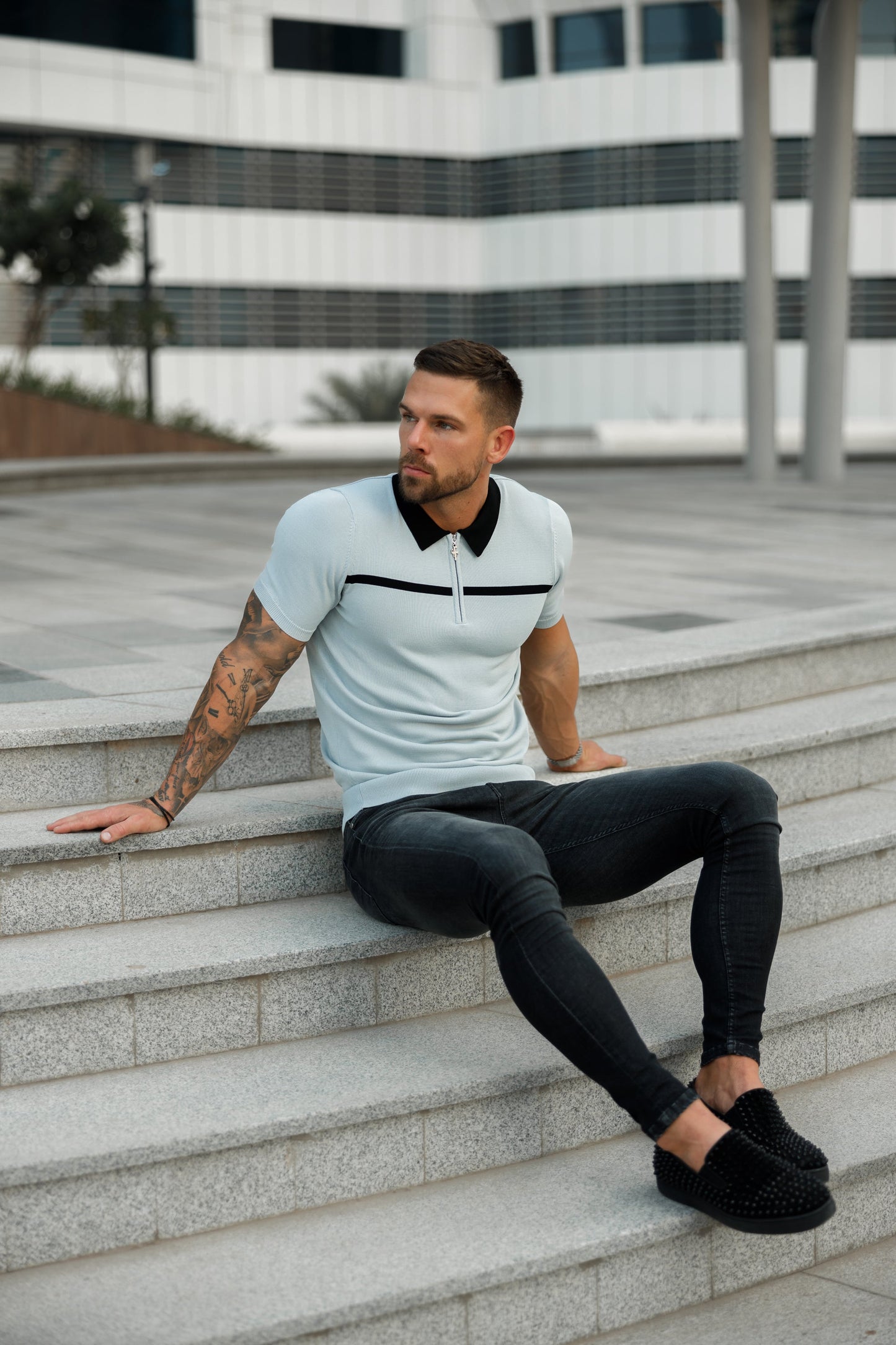 Elevate Your Style with the Father Sons Silver Grey and Black Stripe Zipped Polo - Short Sleeve FSN040
