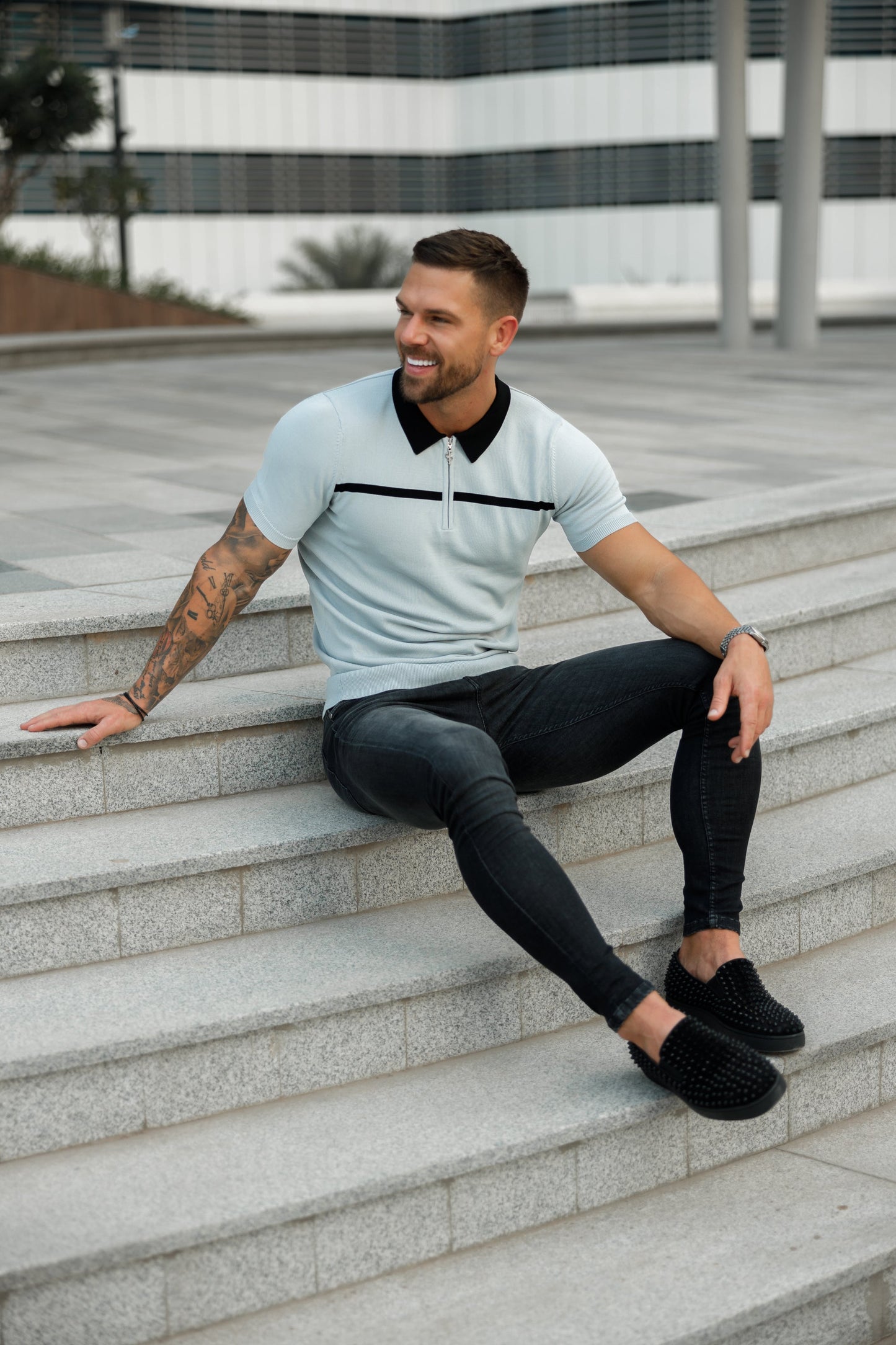 Elevate Your Style with the Father Sons Silver Grey and Black Stripe Zipped Polo - Short Sleeve FSN040