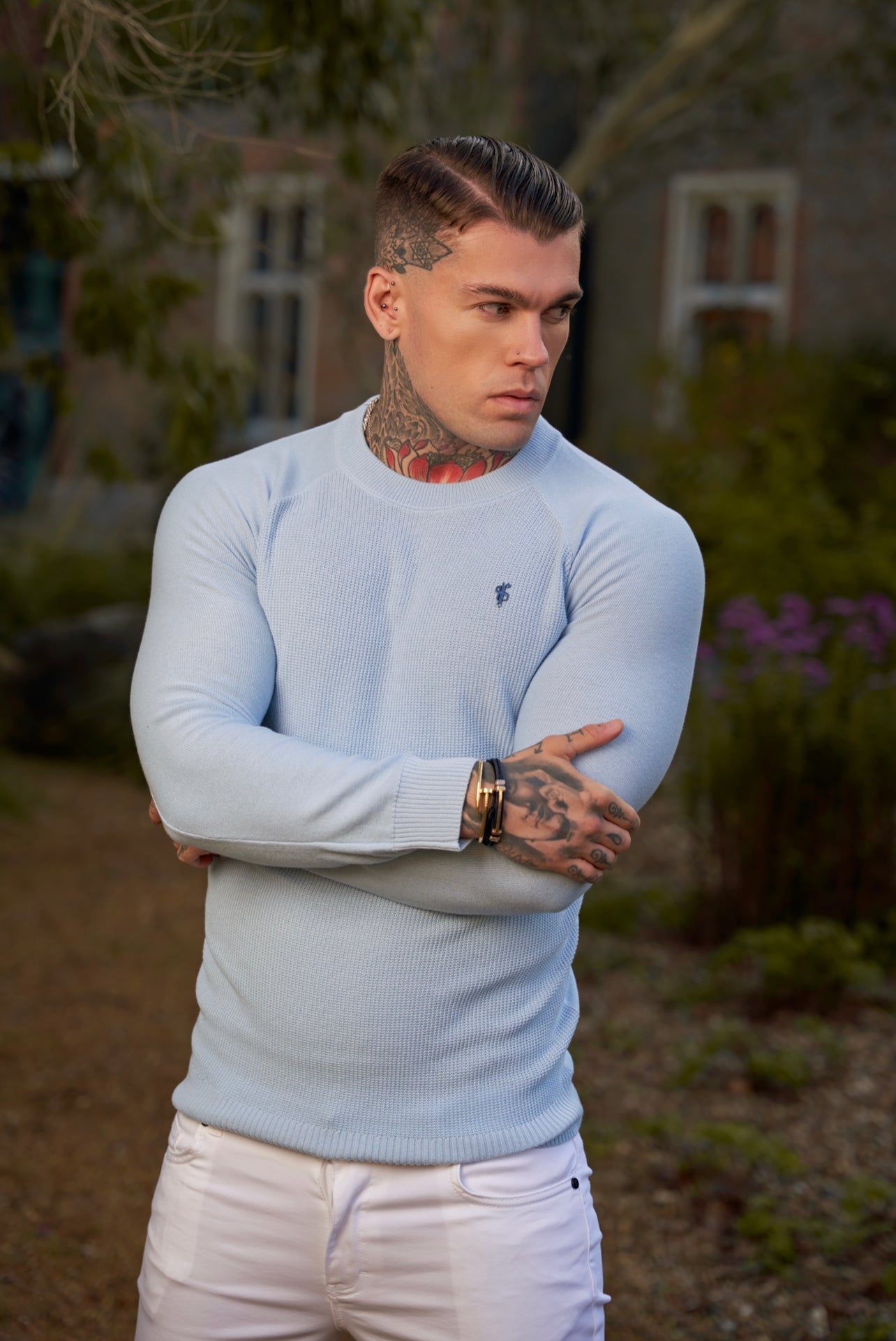Sky Blue Honeycomb Knitted Crew Jumper for Men - Super Slim Fit with Stylish Metal Decal by Father Sons - FSN067