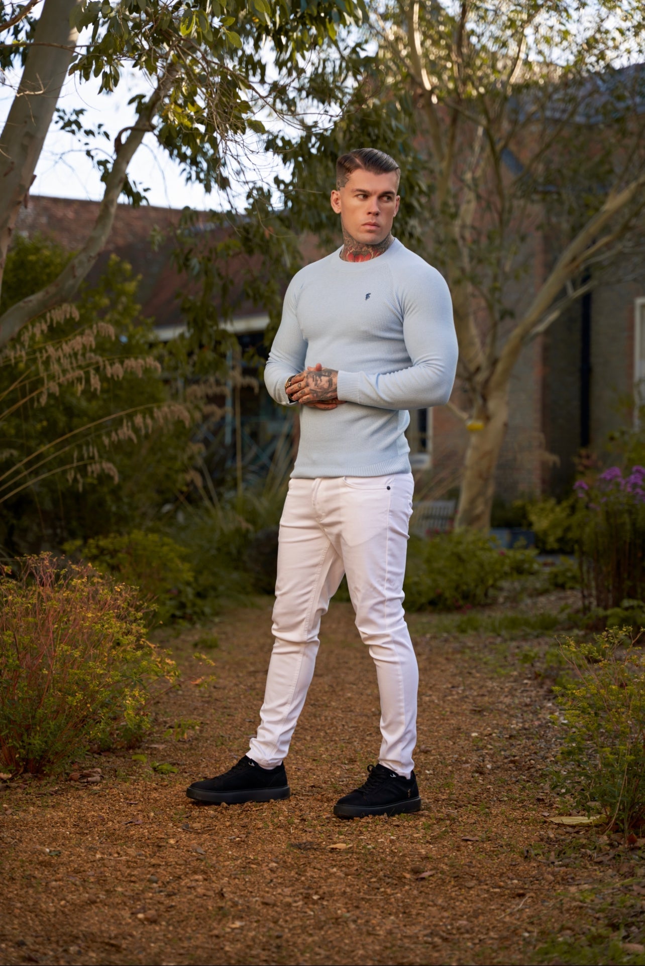 Sky Blue Honeycomb Knitted Crew Jumper for Men - Super Slim Fit with Stylish Metal Decal by Father Sons - FSN067