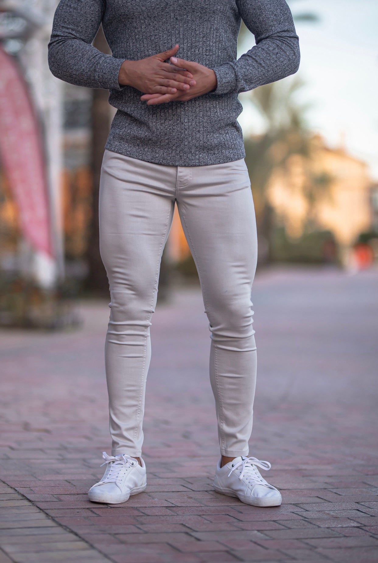 Elevate Your Style with Father Sons Slim Fit Stretch Stone Grey Sateen Trousers - FSH522