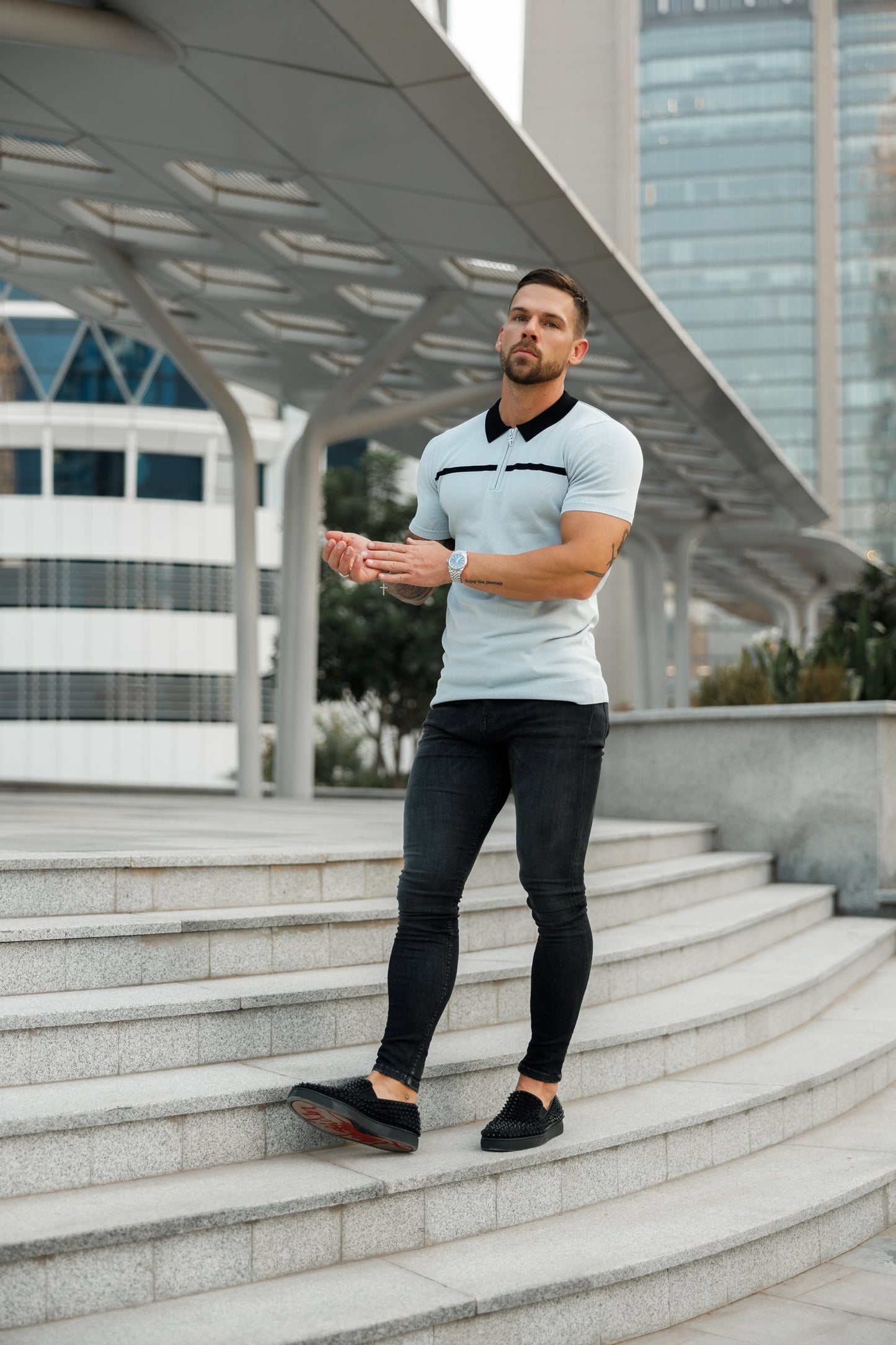 Elevate Your Style with the Father Sons Silver Grey and Black Stripe Zipped Polo - Short Sleeve FSN040