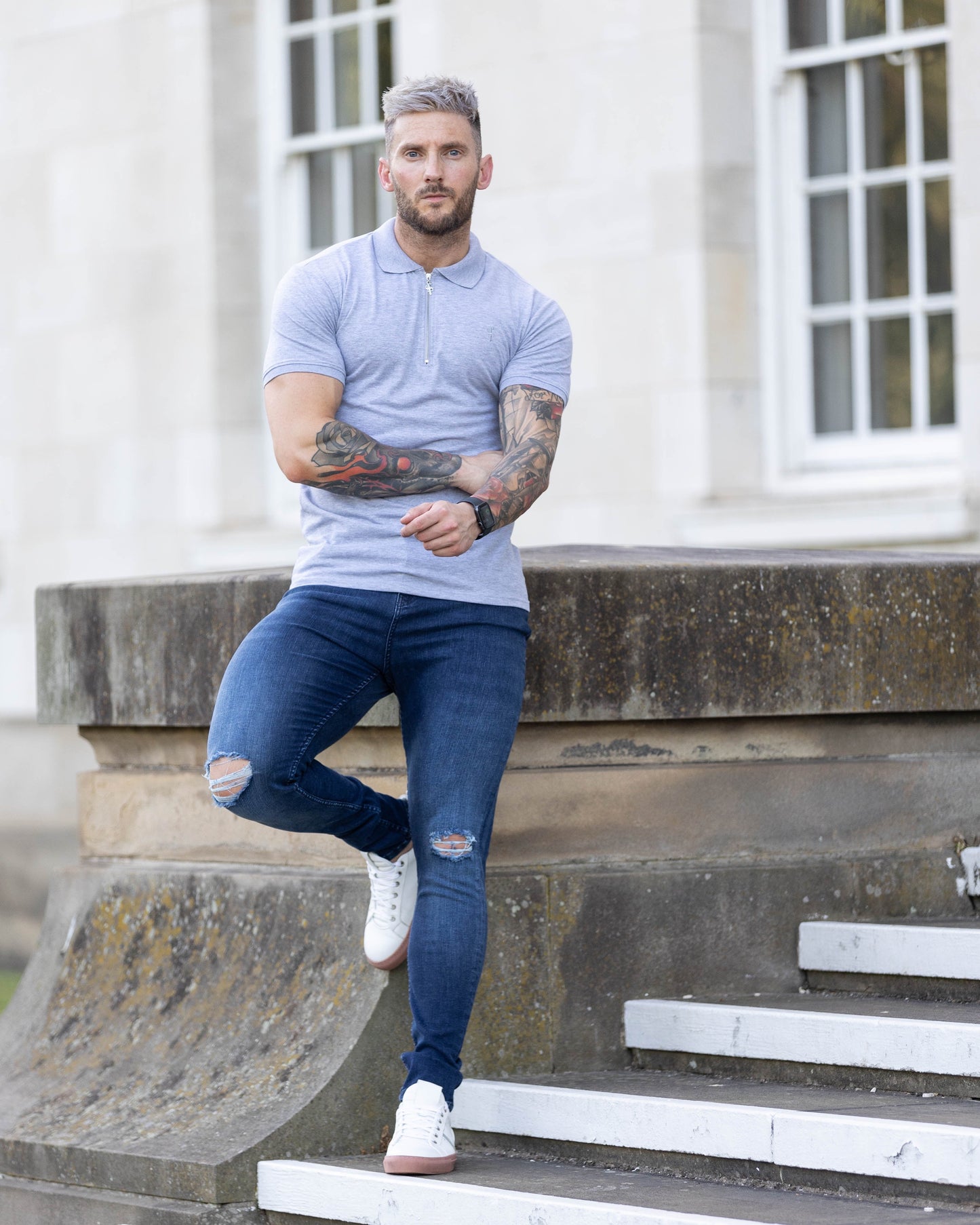 Elevate Your Style with Father Sons Ultra-Stretch Navy Slim Jeans Featuring Trendy Knee Rips - FSJEAN004