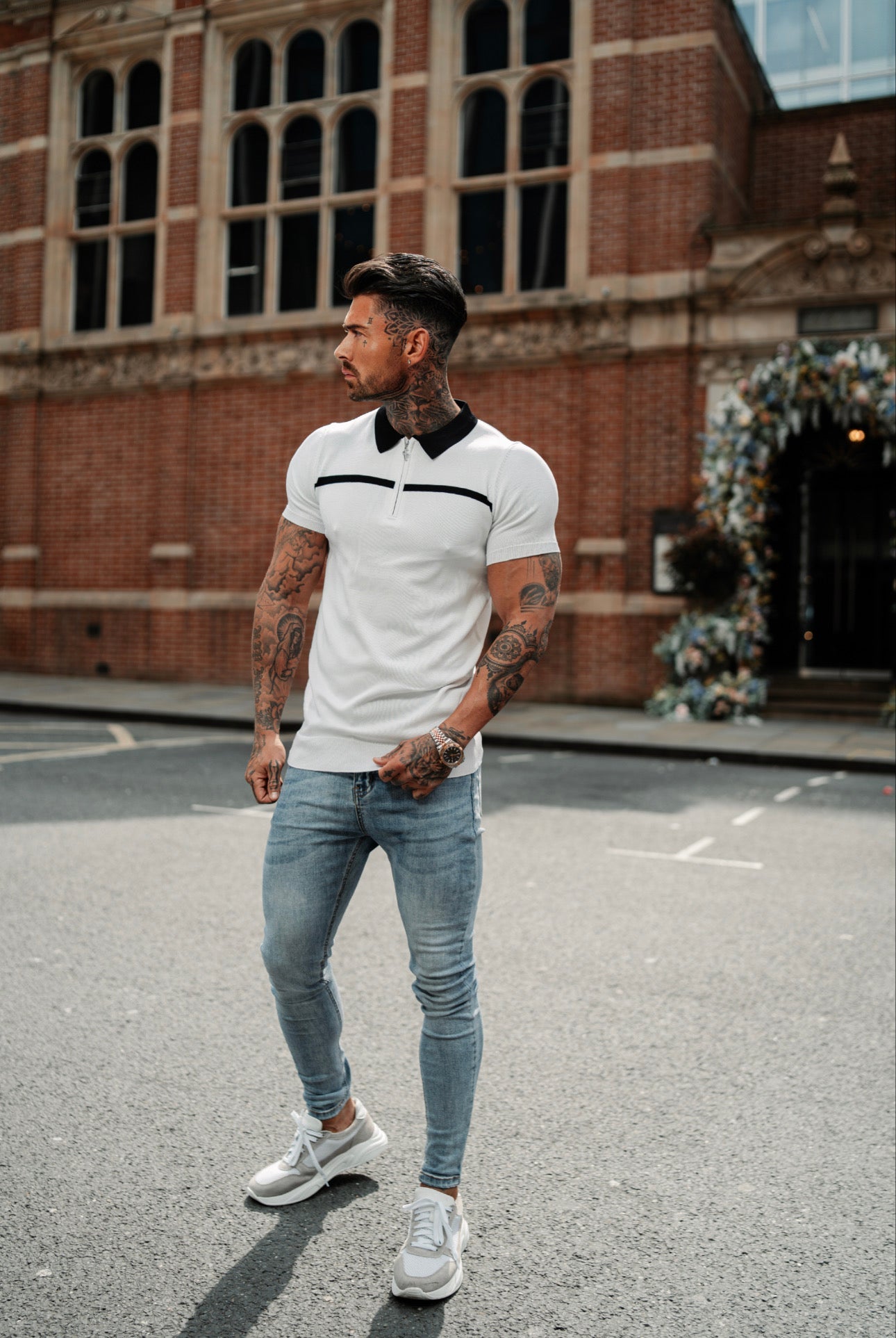 Elevate Your Style with the Father Sons Silver Grey and Black Stripe Zipped Polo - Short Sleeve FSN040