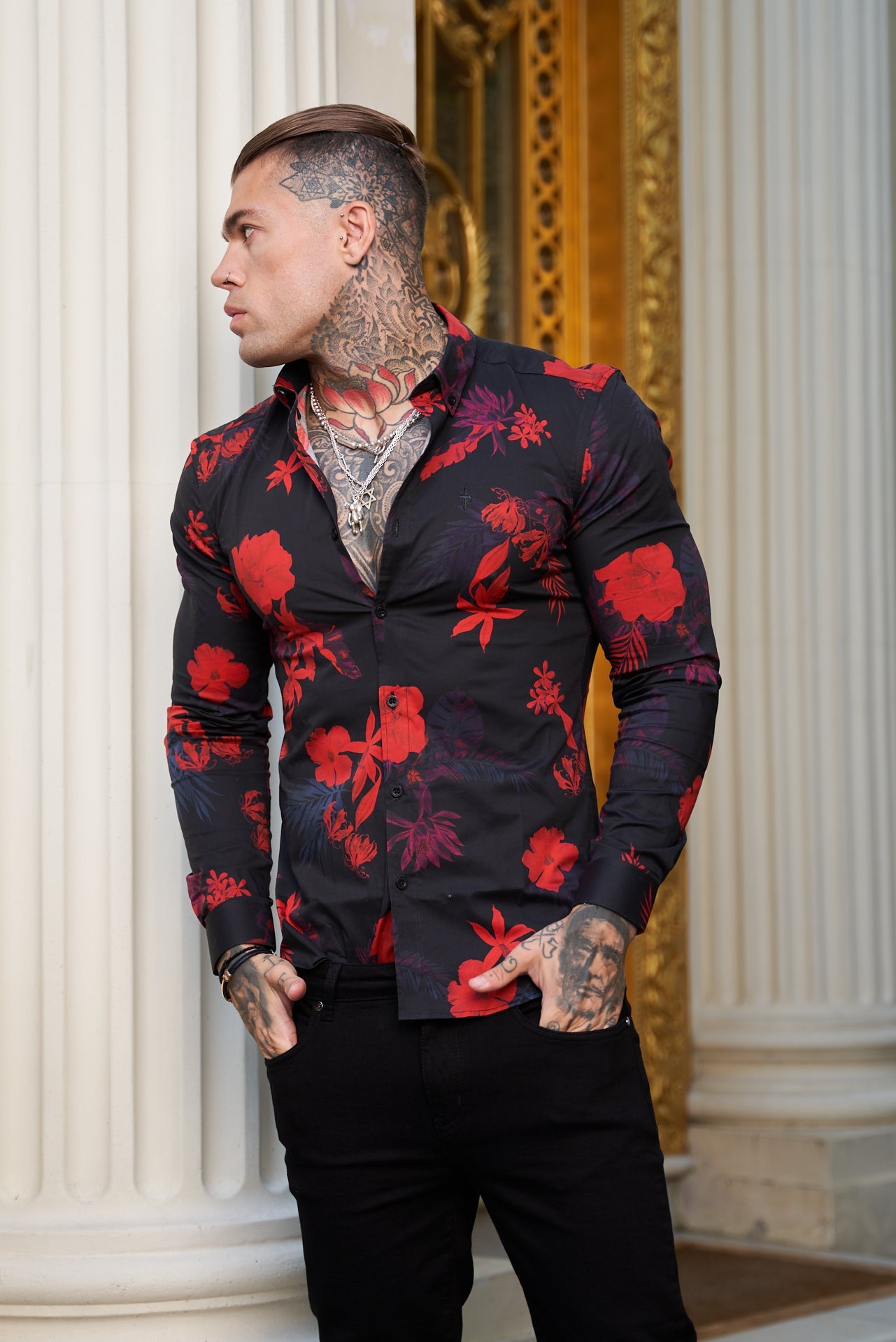 Elevate Your Style with Father Sons Super Slim Stretch Long Sleeve Shirt in Striking Black and Red Floral Print - FS770